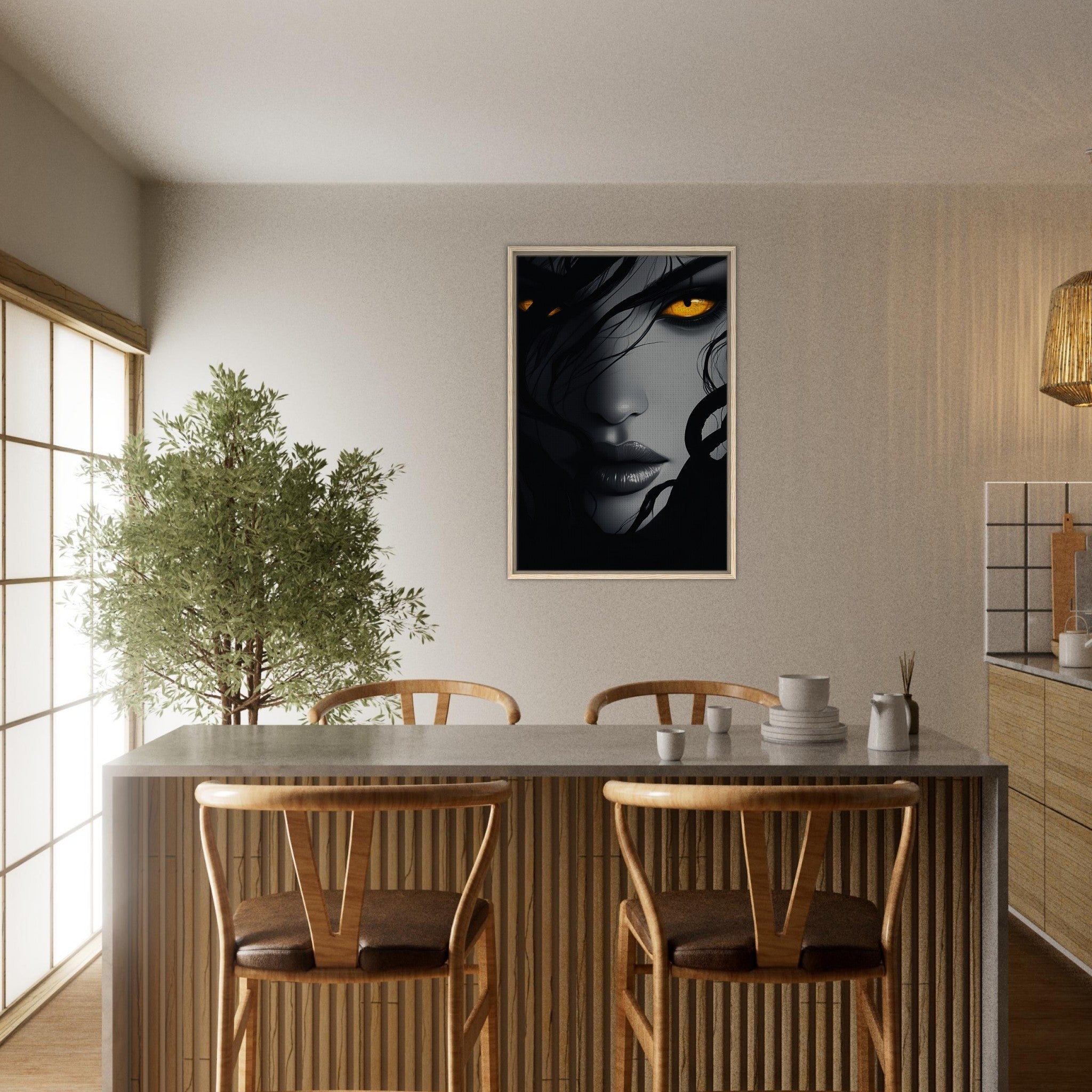Framed Canvas Portrait - Minimalist Medusas Gaze Minimalism Tight - Focus 2 - Shop Ai Art WebShop - Digital Art online Store