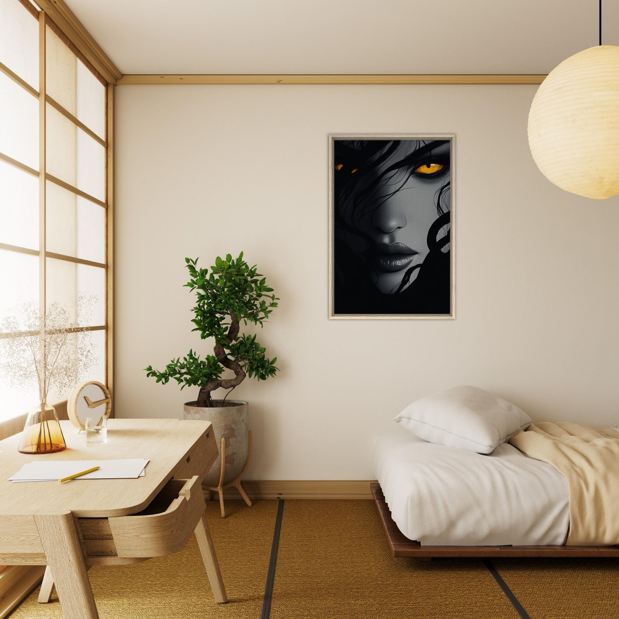 Framed Canvas Portrait - Minimalist Medusas Gaze Minimalism Tight - Focus 2 - Shop Ai Art WebShop - Digital Art online Store