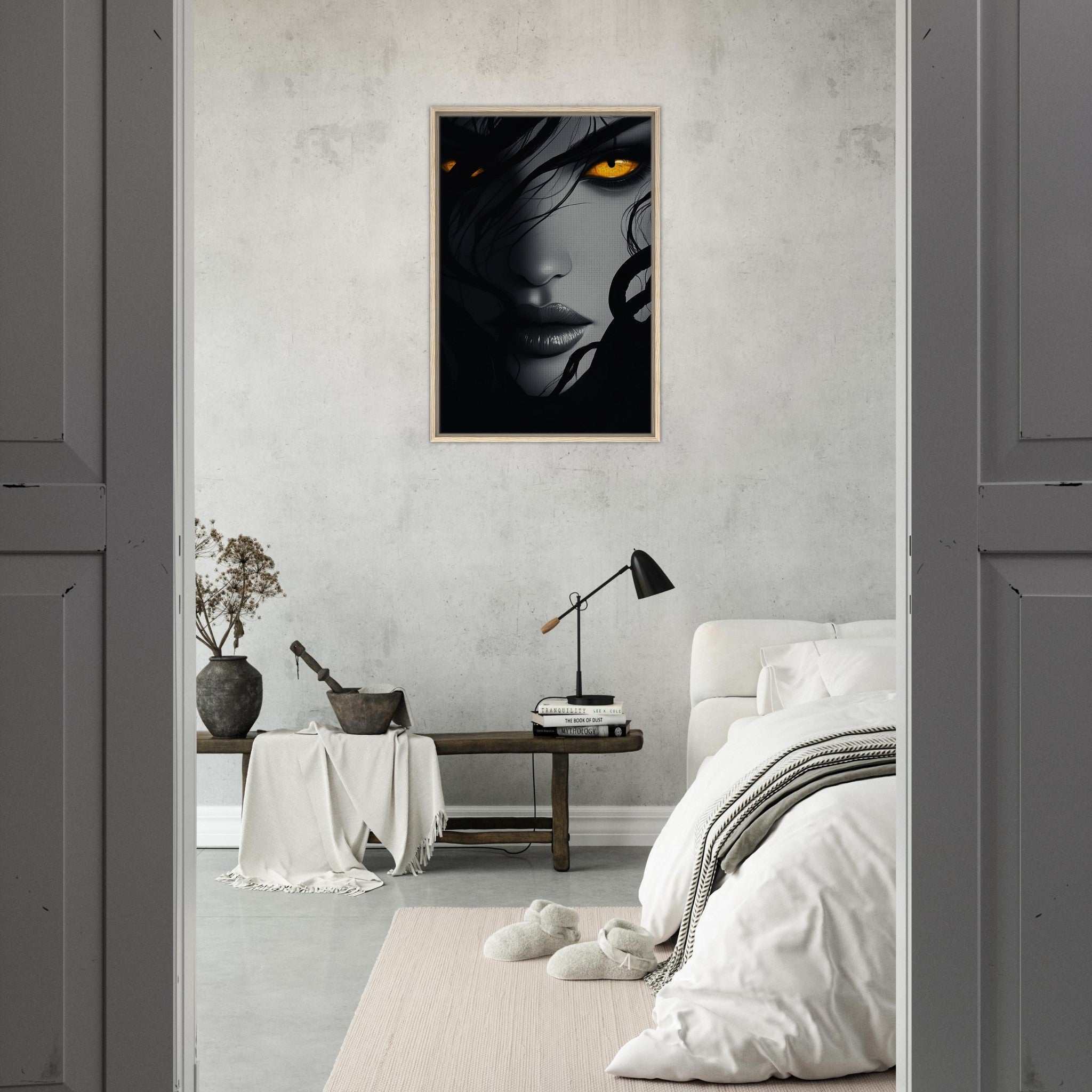 Framed Canvas Portrait - Minimalist Medusas Gaze Minimalism Tight - Focus 2 - Shop Ai Art WebShop - Digital Art online Store