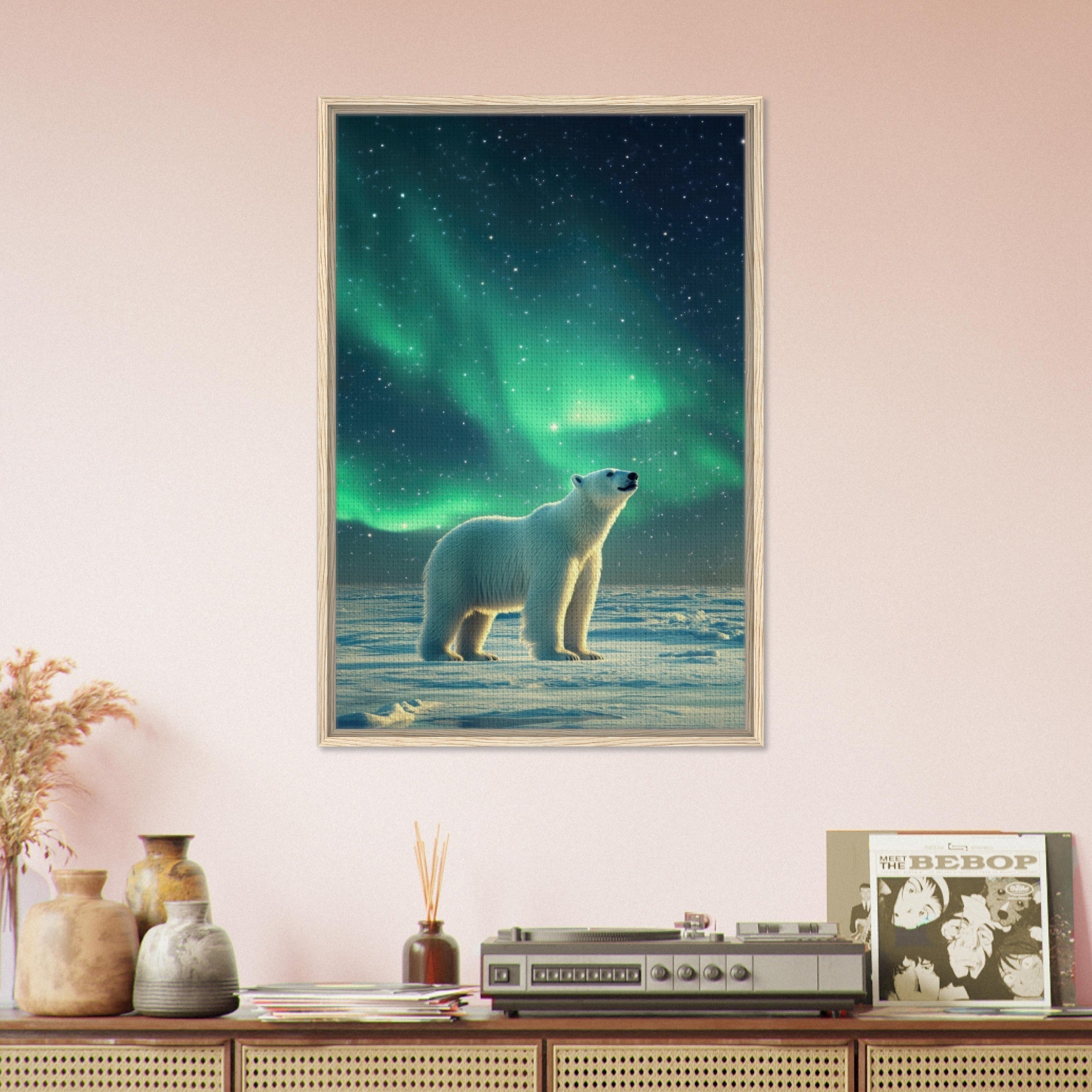 Framed Canvas Portrait - Polar Bear Under the Aurora Borealis A solitary 3 - Shop Ai Art WebShop - Digital Art online Store