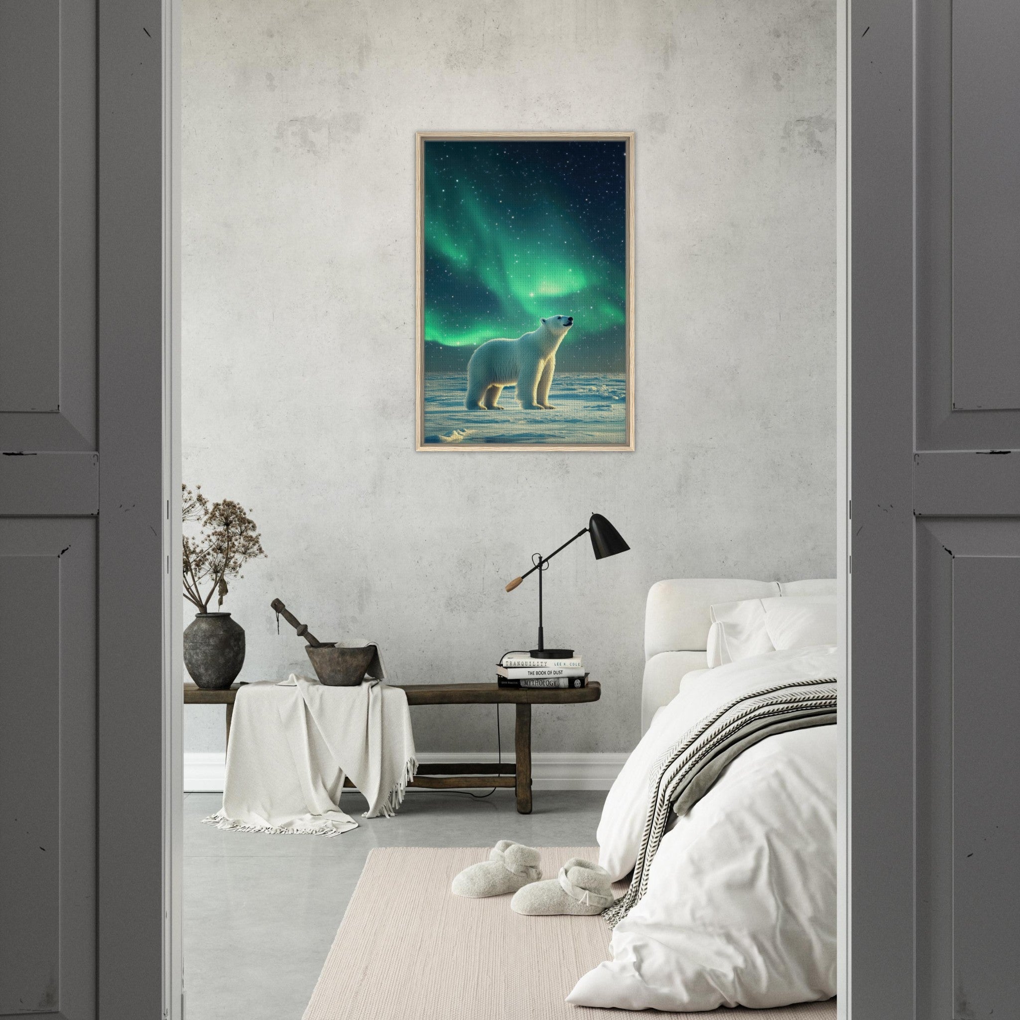 Framed Canvas Portrait - Polar Bear Under the Aurora Borealis A solitary 3 - Shop Ai Art WebShop - Digital Art online Store