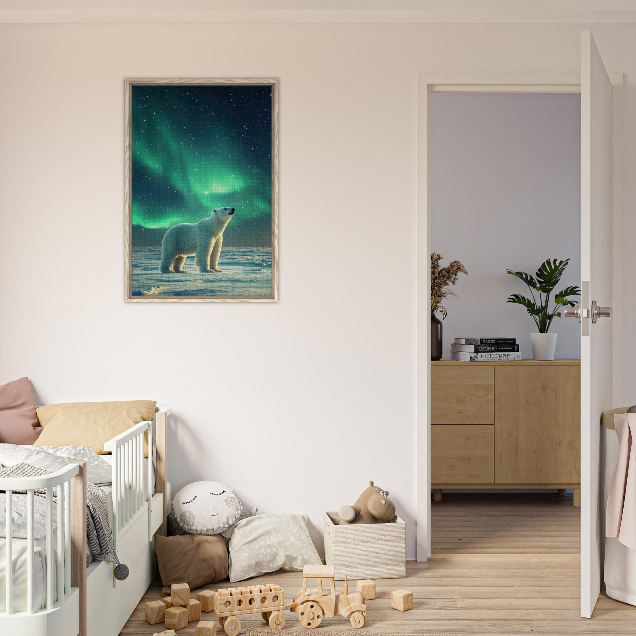 Framed Canvas Portrait - Polar Bear Under the Aurora Borealis A solitary 3 - Shop Ai Art WebShop - Digital Art online Store
