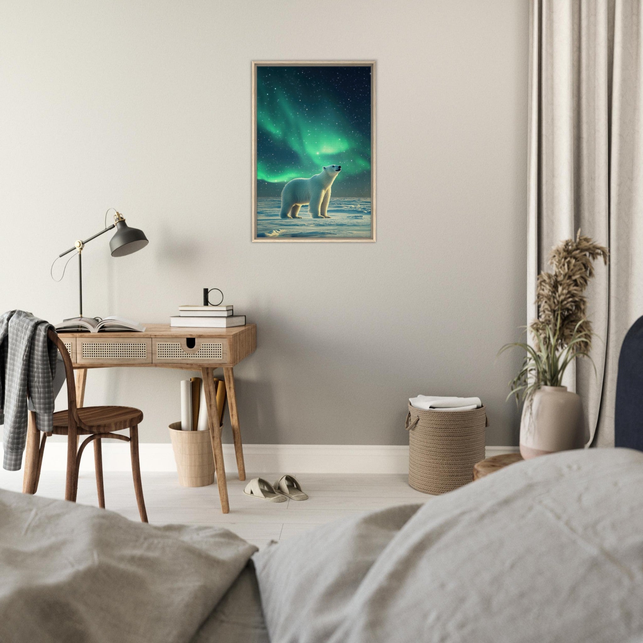 Framed Canvas Portrait - Polar Bear Under the Aurora Borealis A solitary 3 - Shop Ai Art WebShop - Digital Art online Store