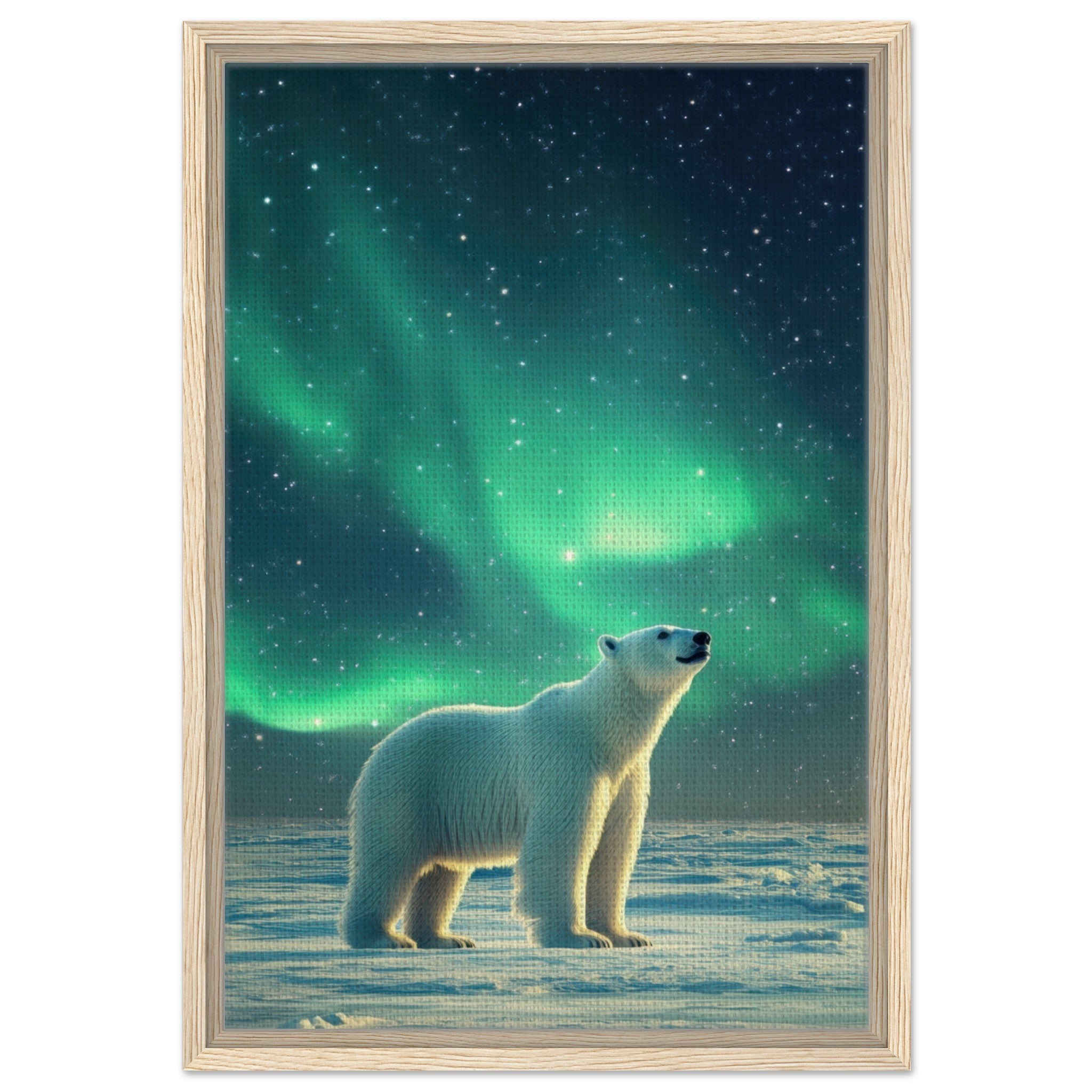 Framed Canvas Portrait - Polar Bear Under the Aurora Borealis A solitary 3 - Shop Ai Art WebShop - Digital Art online Store