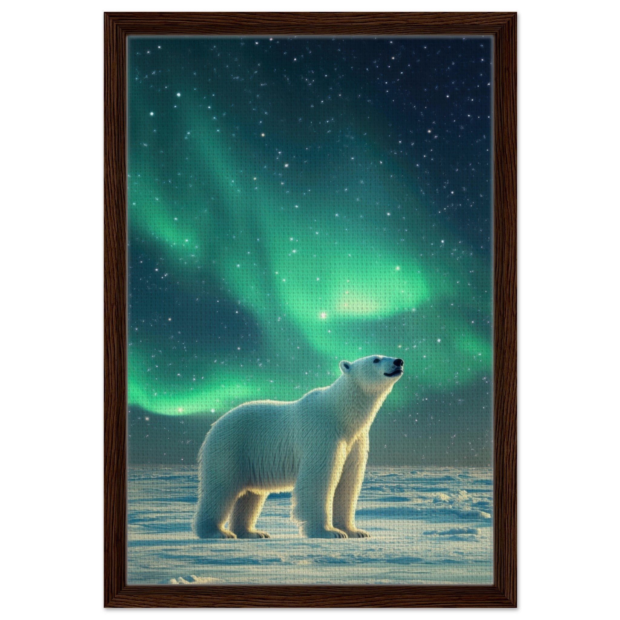 Framed Canvas Portrait - Polar Bear Under the Aurora Borealis A solitary 3 - Shop Ai Art WebShop - Digital Art online Store