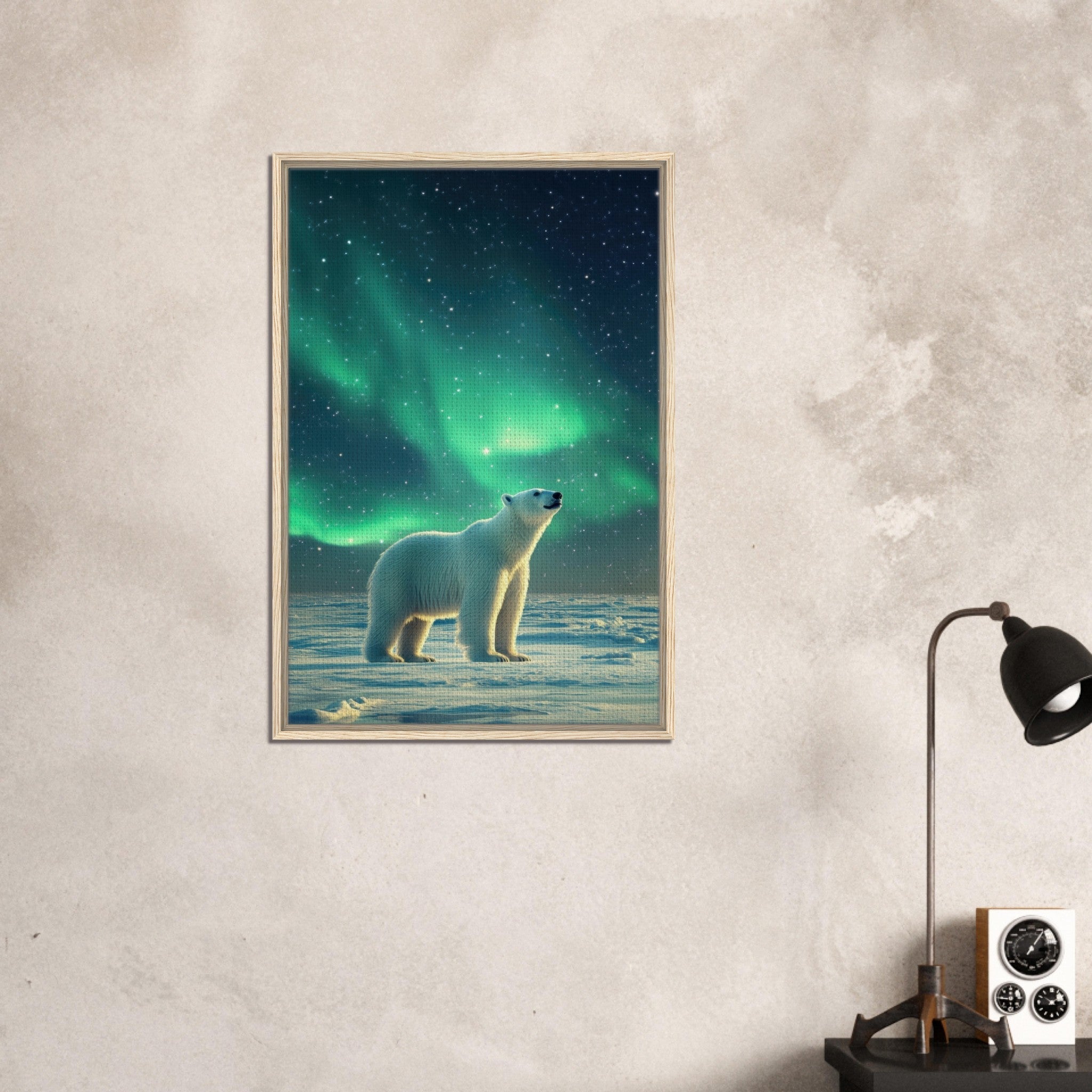 Framed Canvas Portrait - Polar Bear Under the Aurora Borealis A solitary 3 - Shop Ai Art WebShop - Digital Art online Store