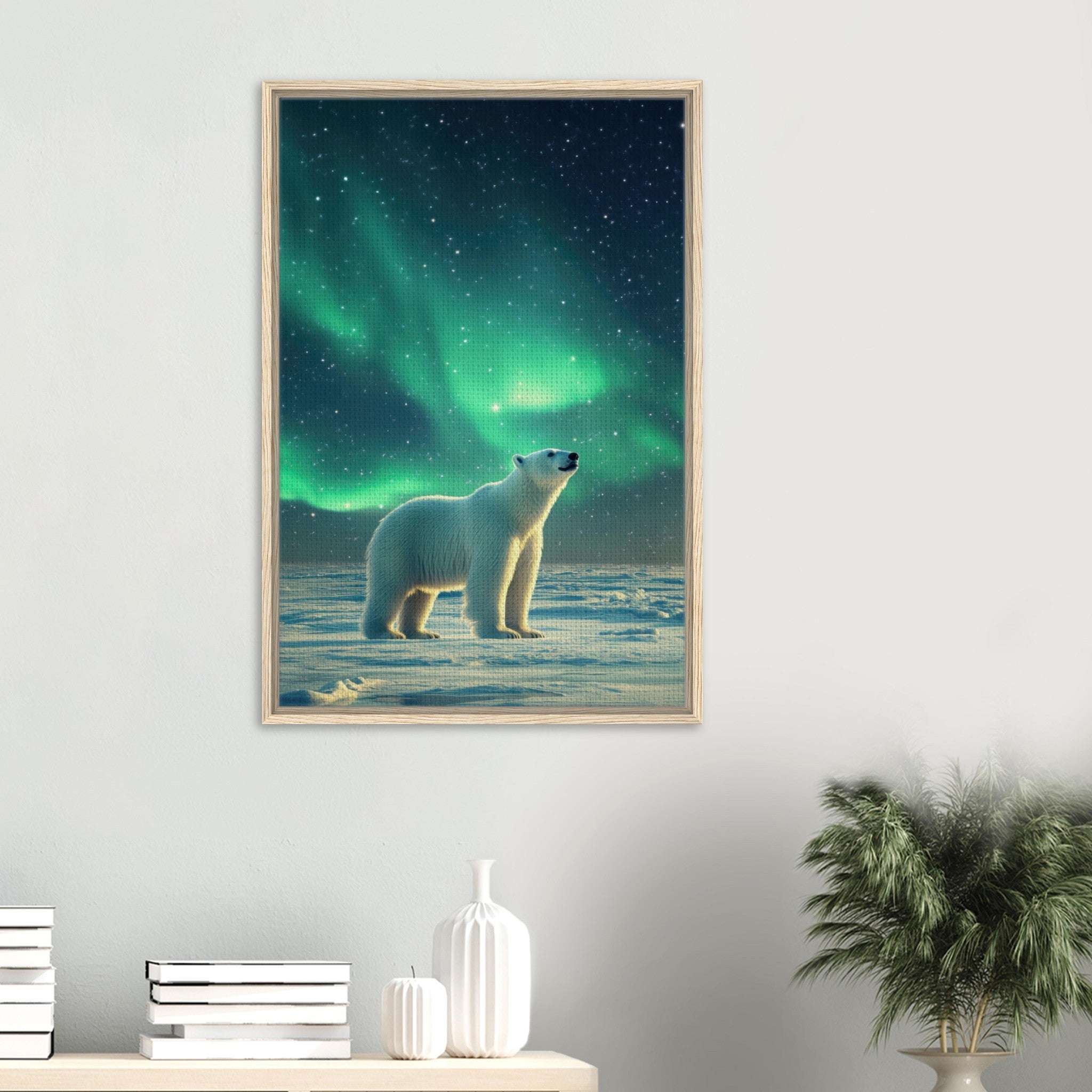 Framed Canvas Portrait - Polar Bear Under the Aurora Borealis A solitary 3 - Shop Ai Art WebShop - Digital Art online Store