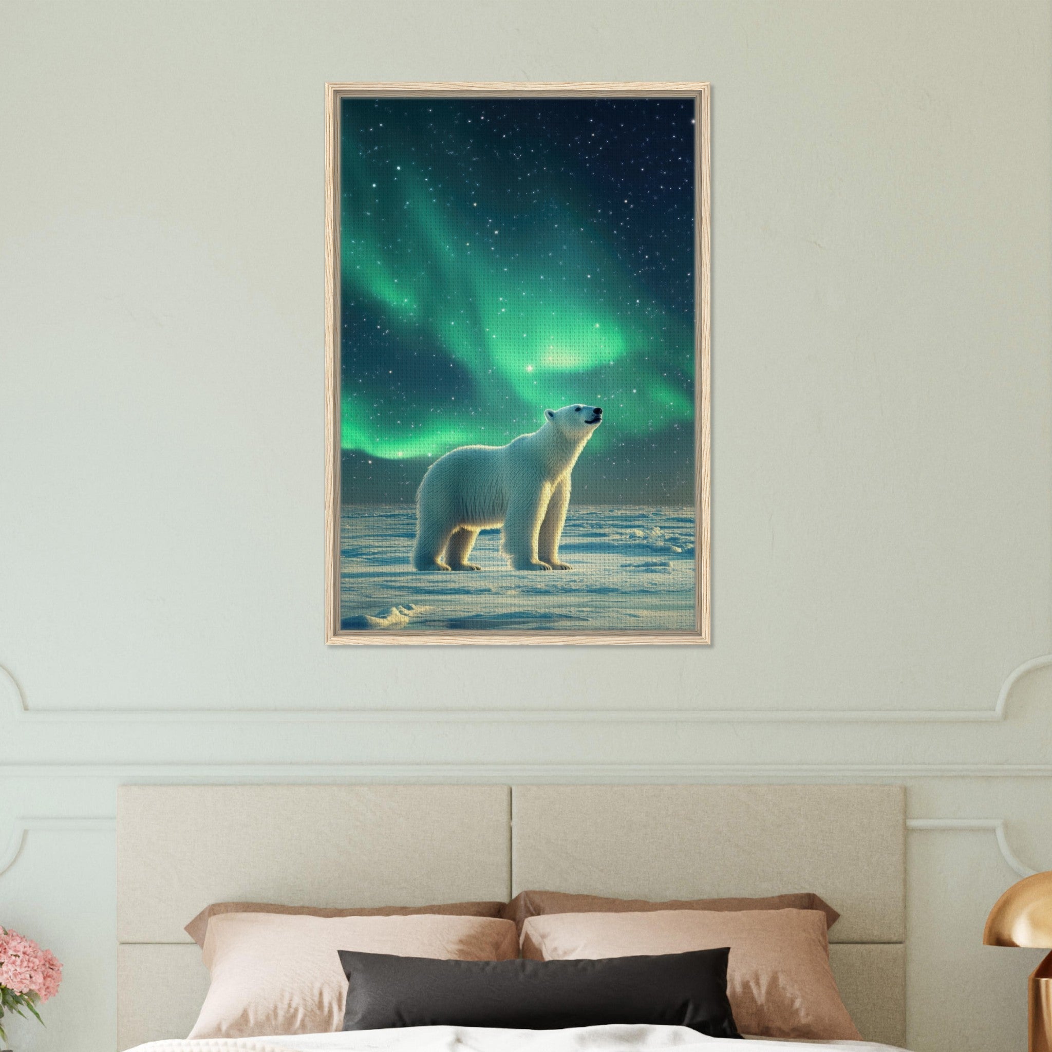 Framed Canvas Portrait - Polar Bear Under the Aurora Borealis A solitary 3 - Shop Ai Art WebShop - Digital Art online Store
