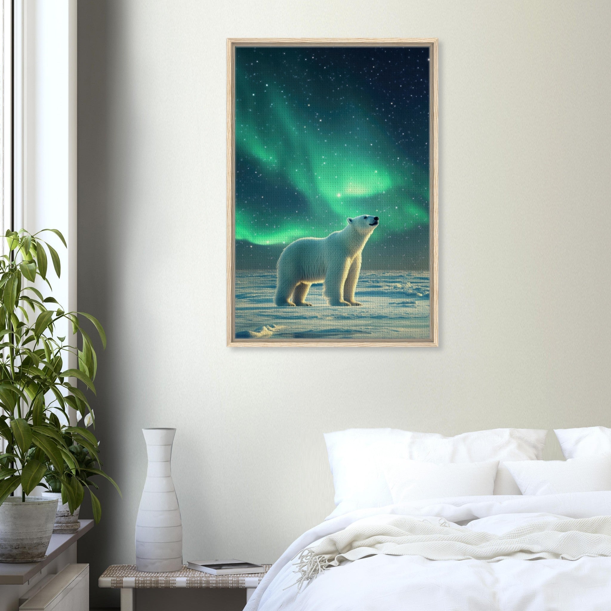 Framed Canvas Portrait - Polar Bear Under the Aurora Borealis A solitary 3 - Shop Ai Art WebShop - Digital Art online Store