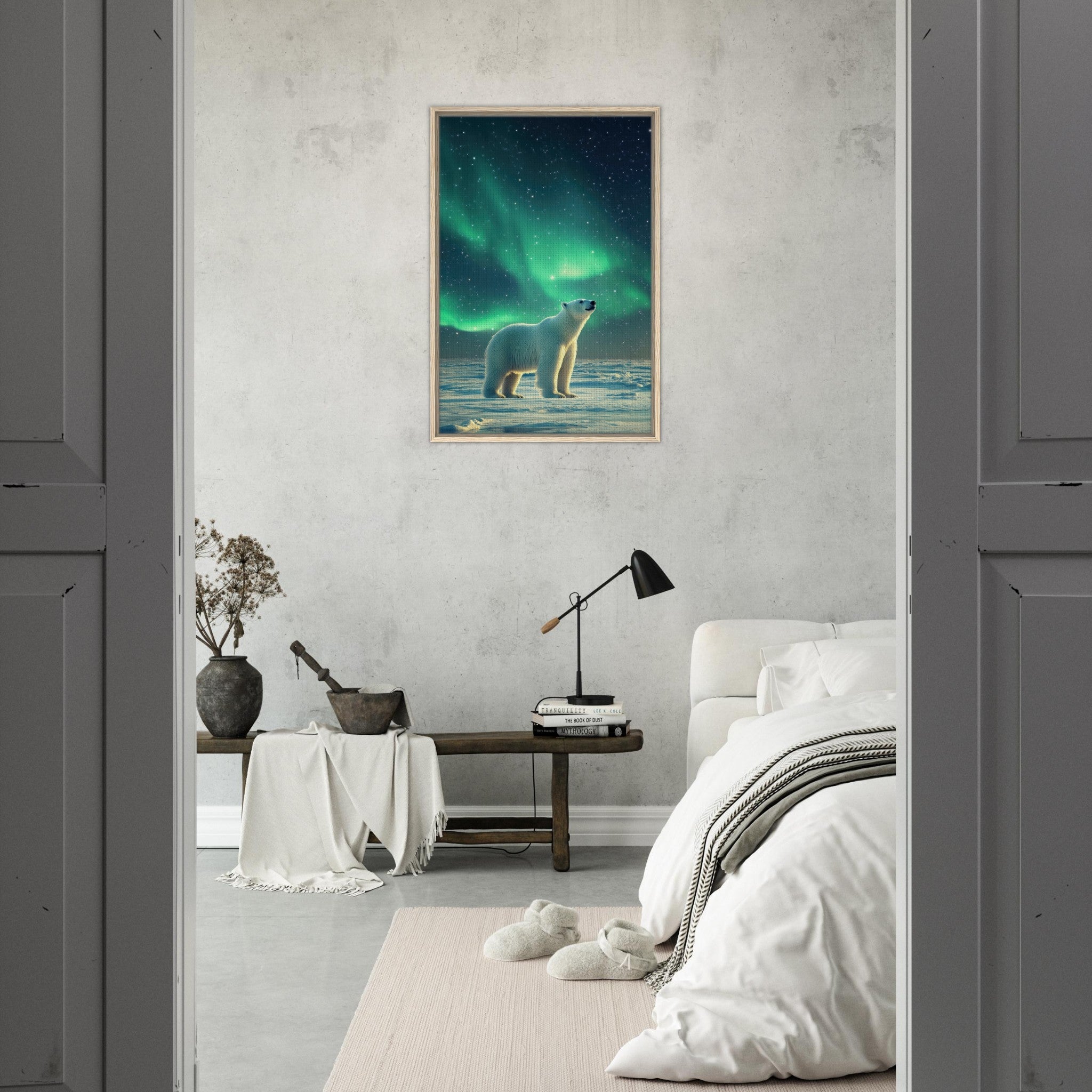 Framed Canvas Portrait - Polar Bear Under the Aurora Borealis A solitary 3 - Shop Ai Art WebShop - Digital Art online Store