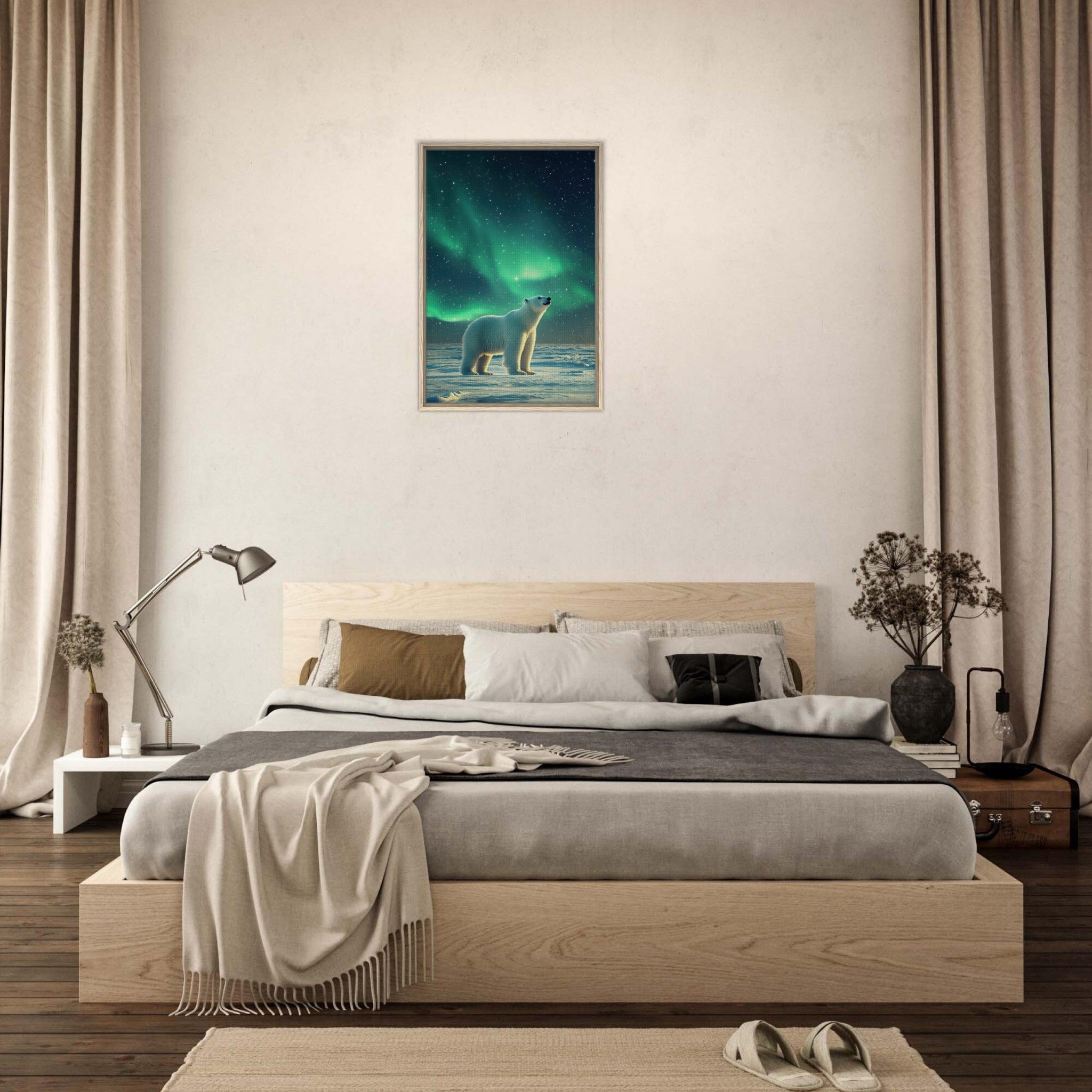 Framed Canvas Portrait - Polar Bear Under the Aurora Borealis A solitary 3 - Shop Ai Art WebShop - Digital Art online Store