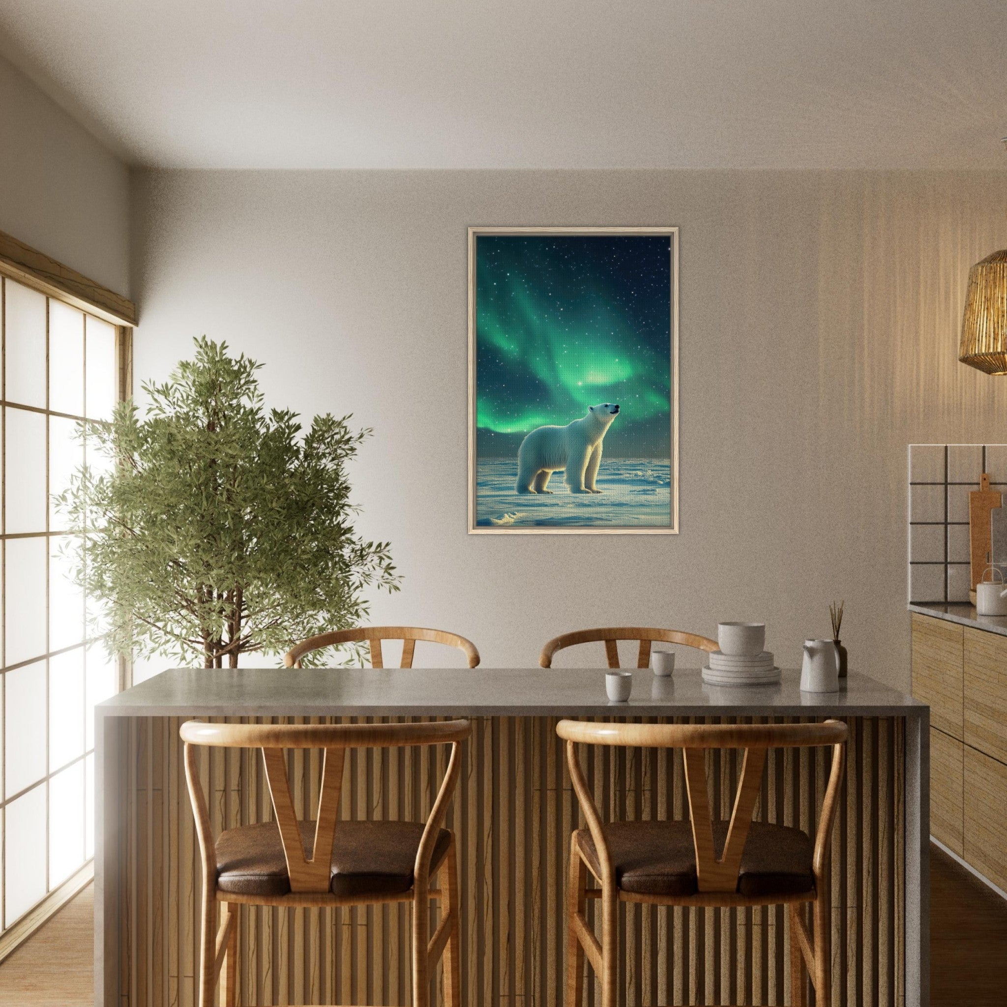 Framed Canvas Portrait - Polar Bear Under the Aurora Borealis A solitary 3 - Shop Ai Art WebShop - Digital Art online Store