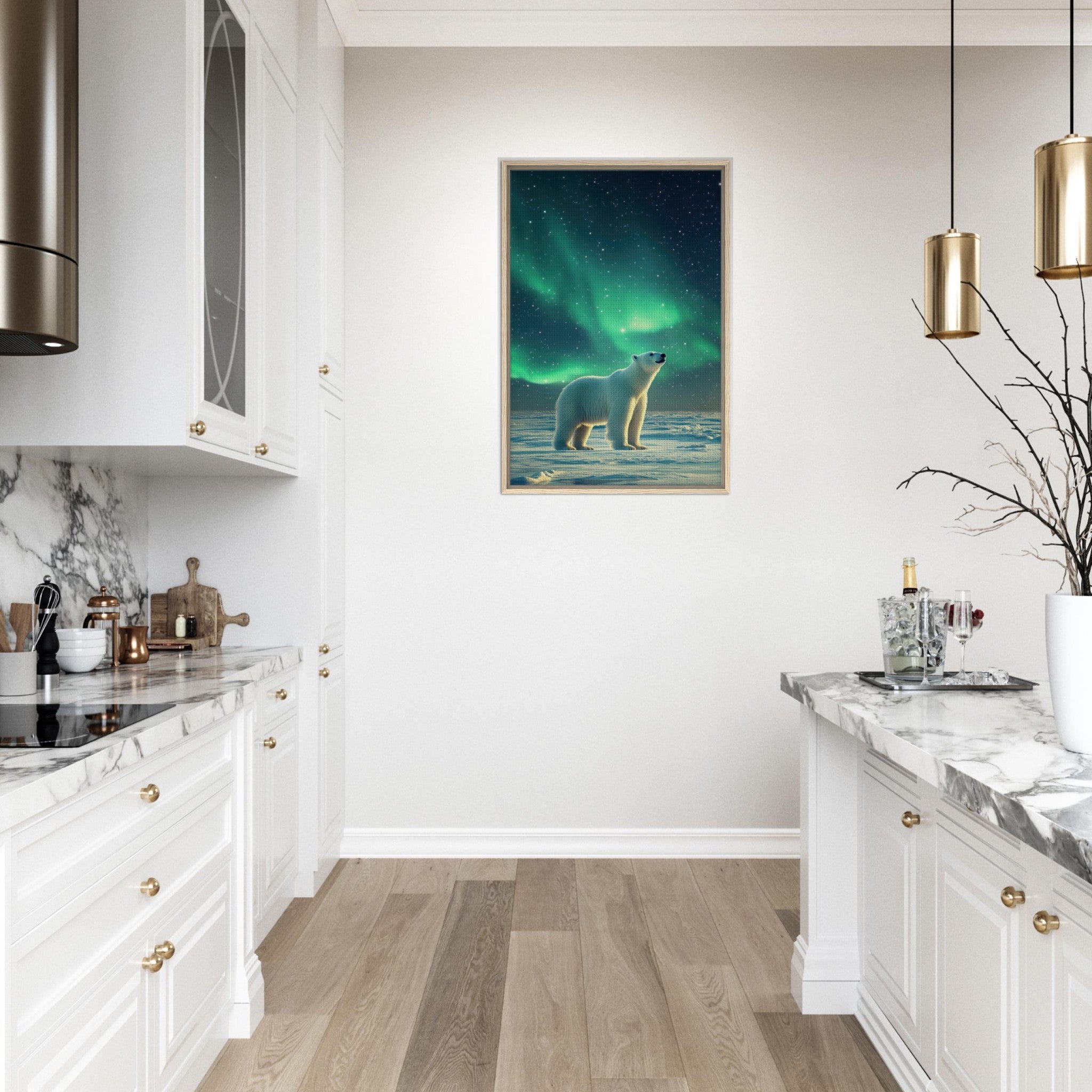 Framed Canvas Portrait - Polar Bear Under the Aurora Borealis A solitary 3 - Shop Ai Art WebShop - Digital Art online Store