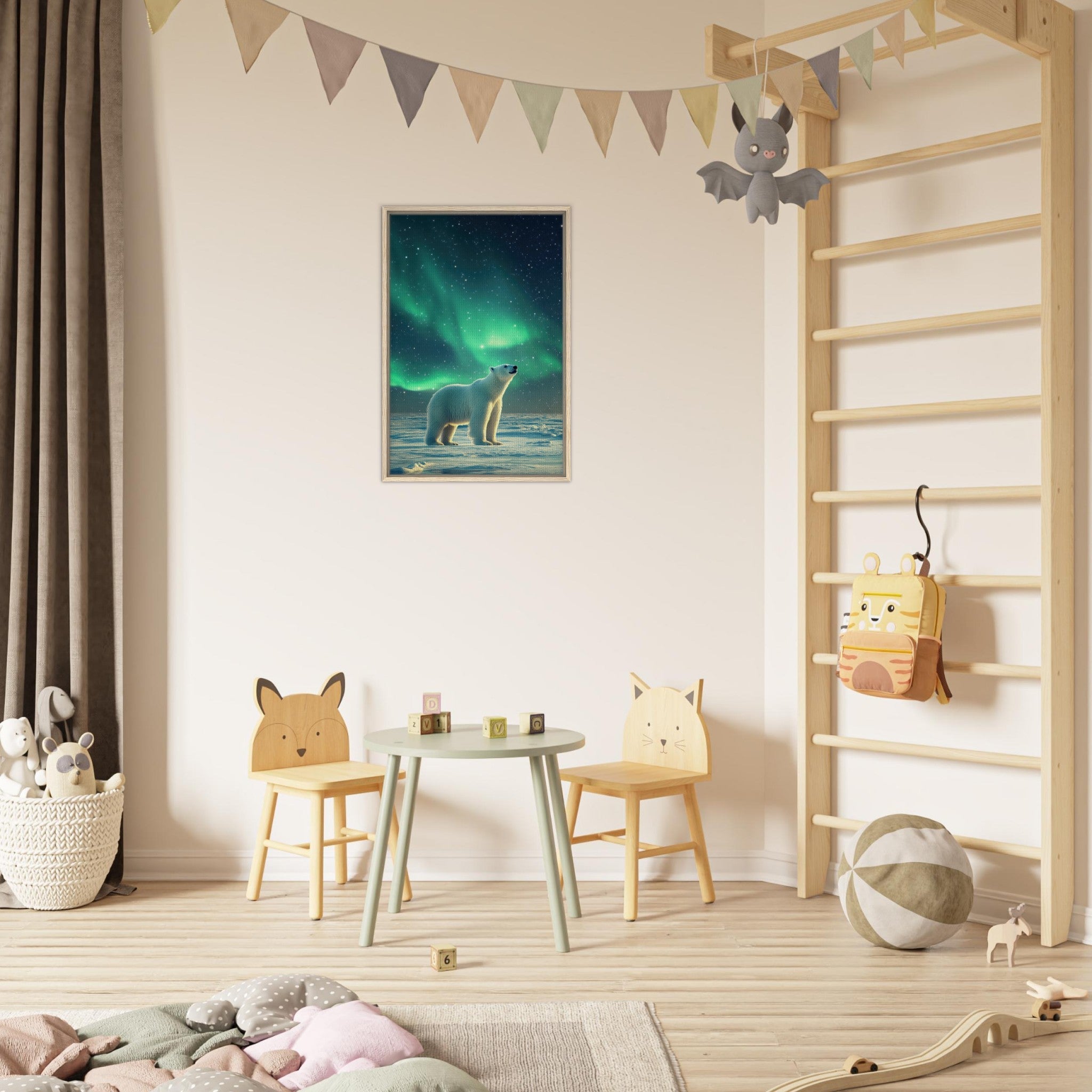 Framed Canvas Portrait - Polar Bear Under the Aurora Borealis A solitary 3 - Shop Ai Art WebShop - Digital Art online Store