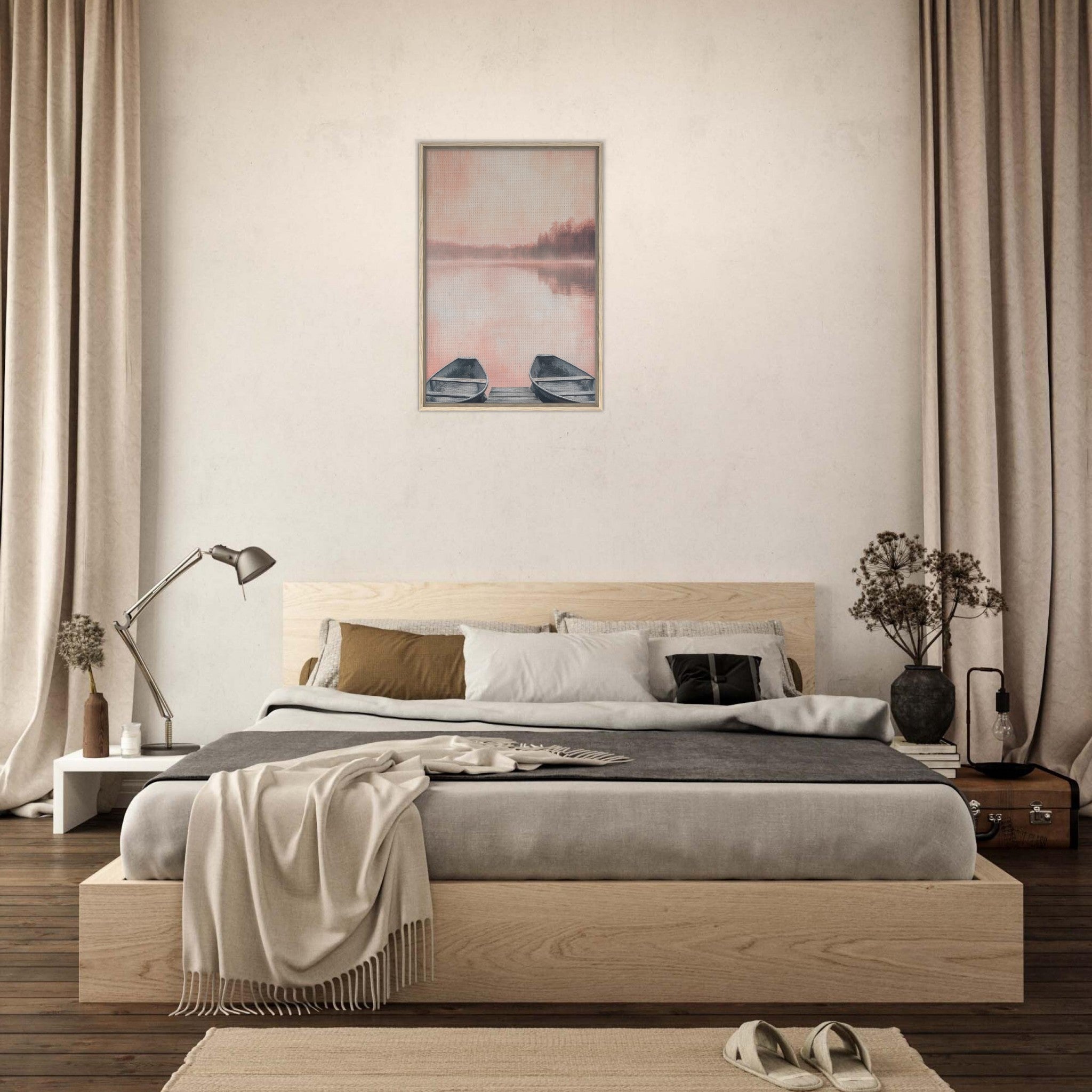 Framed Canvas Portrait - Serene Lake with Rowboats A tranquil lake - Shop Ai Art WebShop - Digital Art online Store
