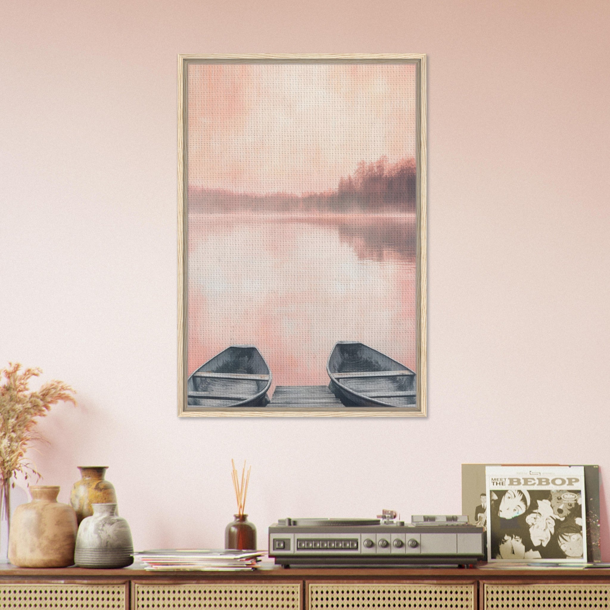 Framed Canvas Portrait - Serene Lake with Rowboats A tranquil lake - Shop Ai Art WebShop - Digital Art online Store