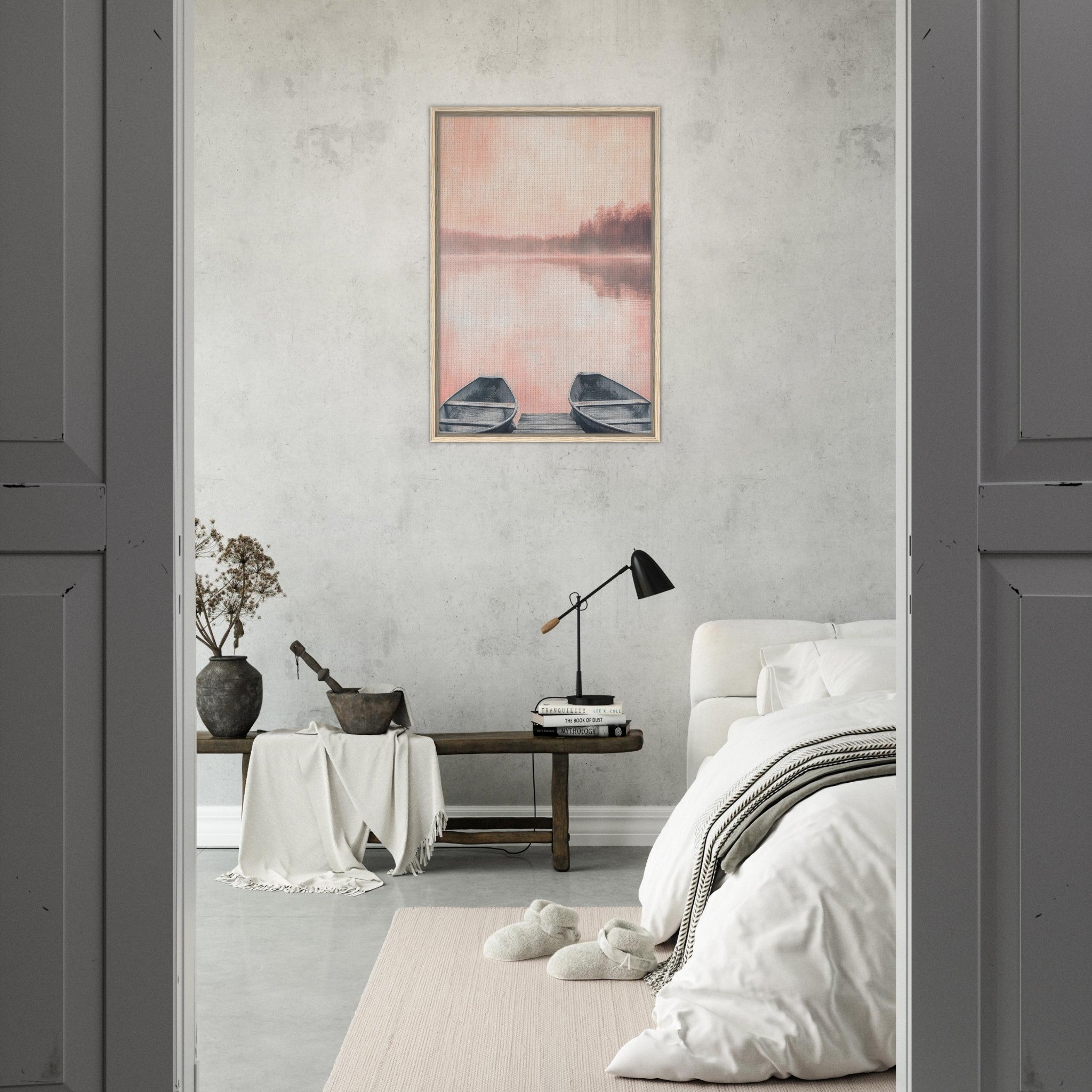 Framed Canvas Portrait - Serene Lake with Rowboats A tranquil lake - Shop Ai Art WebShop - Digital Art online Store