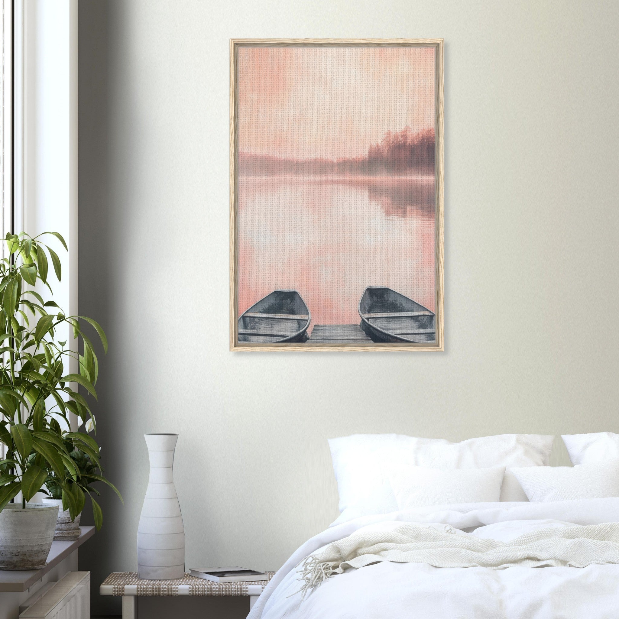 Framed Canvas Portrait - Serene Lake with Rowboats A tranquil lake - Shop Ai Art WebShop - Digital Art online Store