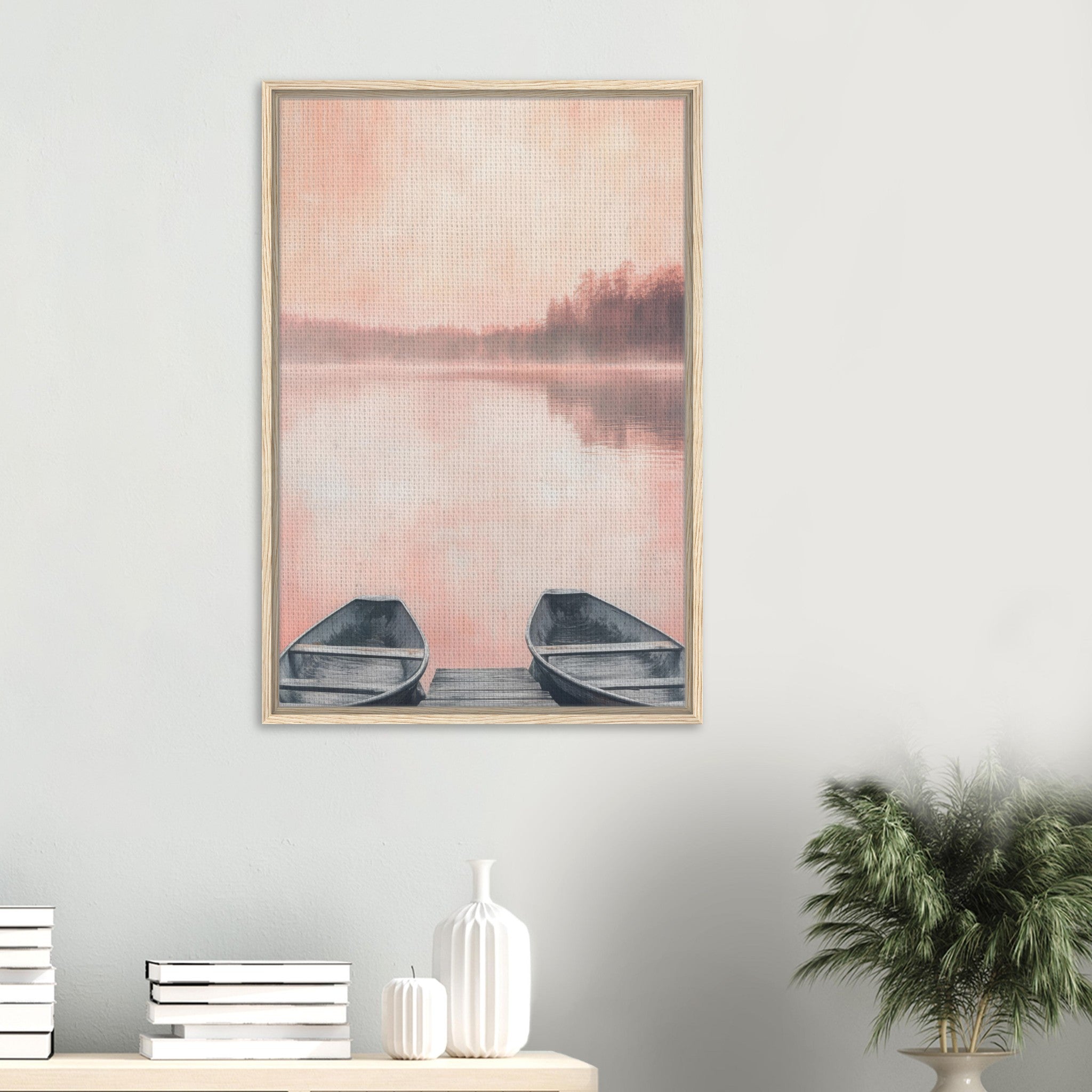 Framed Canvas Portrait - Serene Lake with Rowboats A tranquil lake - Shop Ai Art WebShop - Digital Art online Store