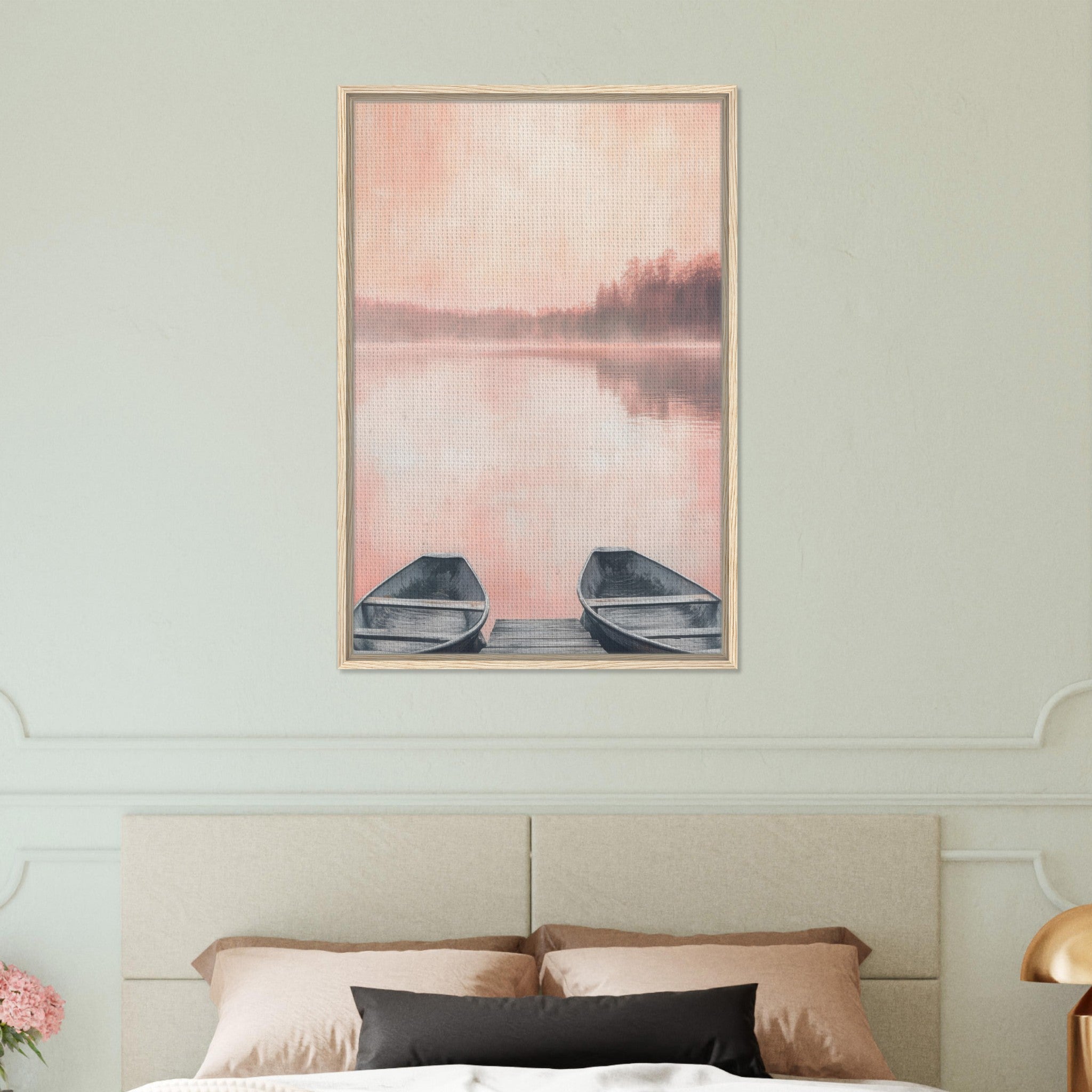 Framed Canvas Portrait - Serene Lake with Rowboats A tranquil lake - Shop Ai Art WebShop - Digital Art online Store