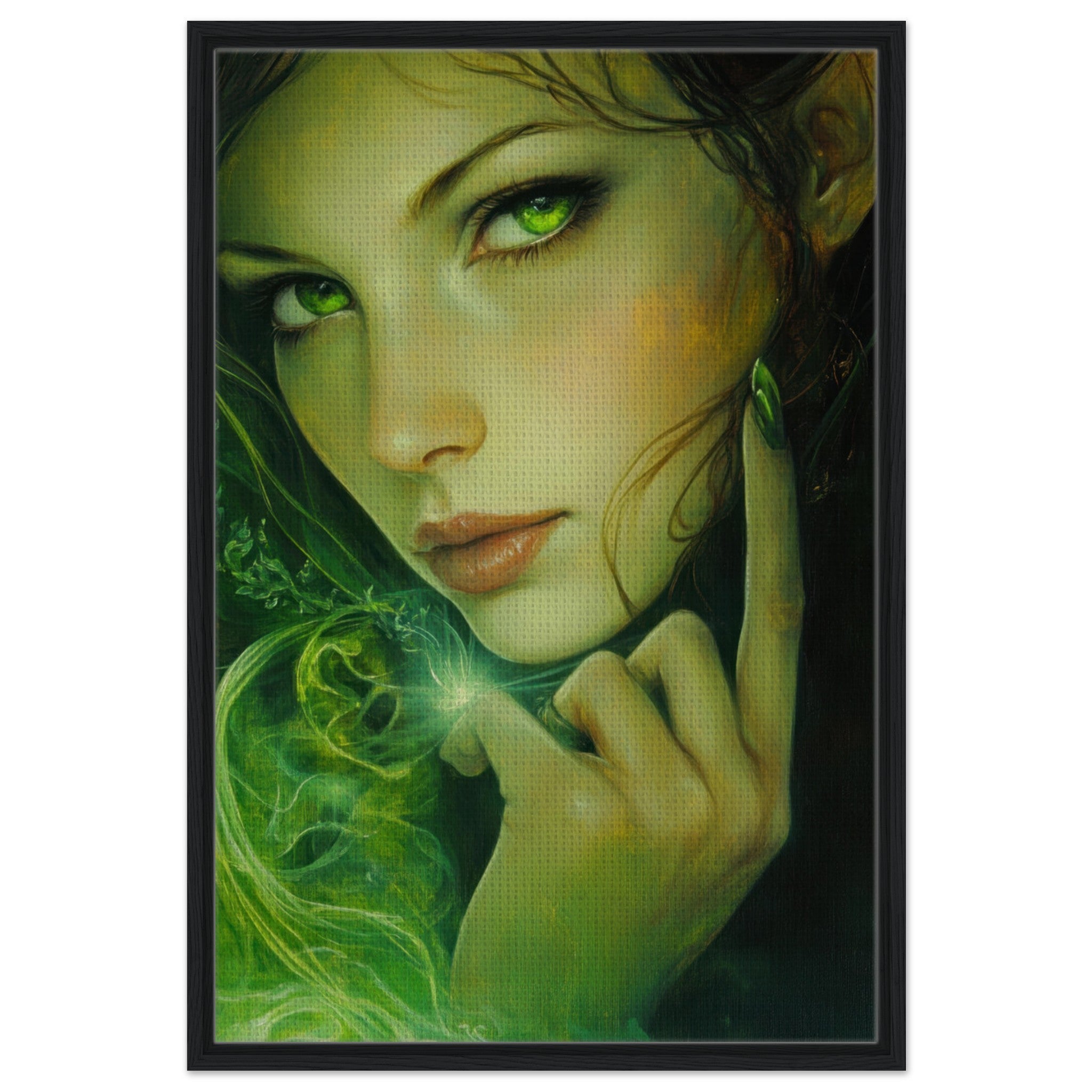 Framed Canvas Portrait - The Fae Sorceress of the Emerald Woods Oil Faint - Shop Ai Art WebShop - Digital Art online Store