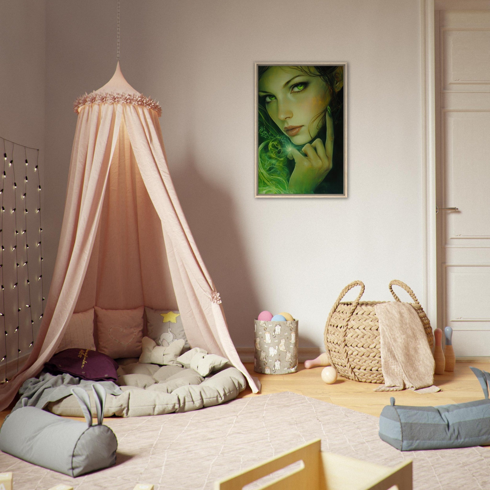 Framed Canvas Portrait - The Fae Sorceress of the Emerald Woods Oil Faint - Shop Ai Art WebShop - Digital Art online Store
