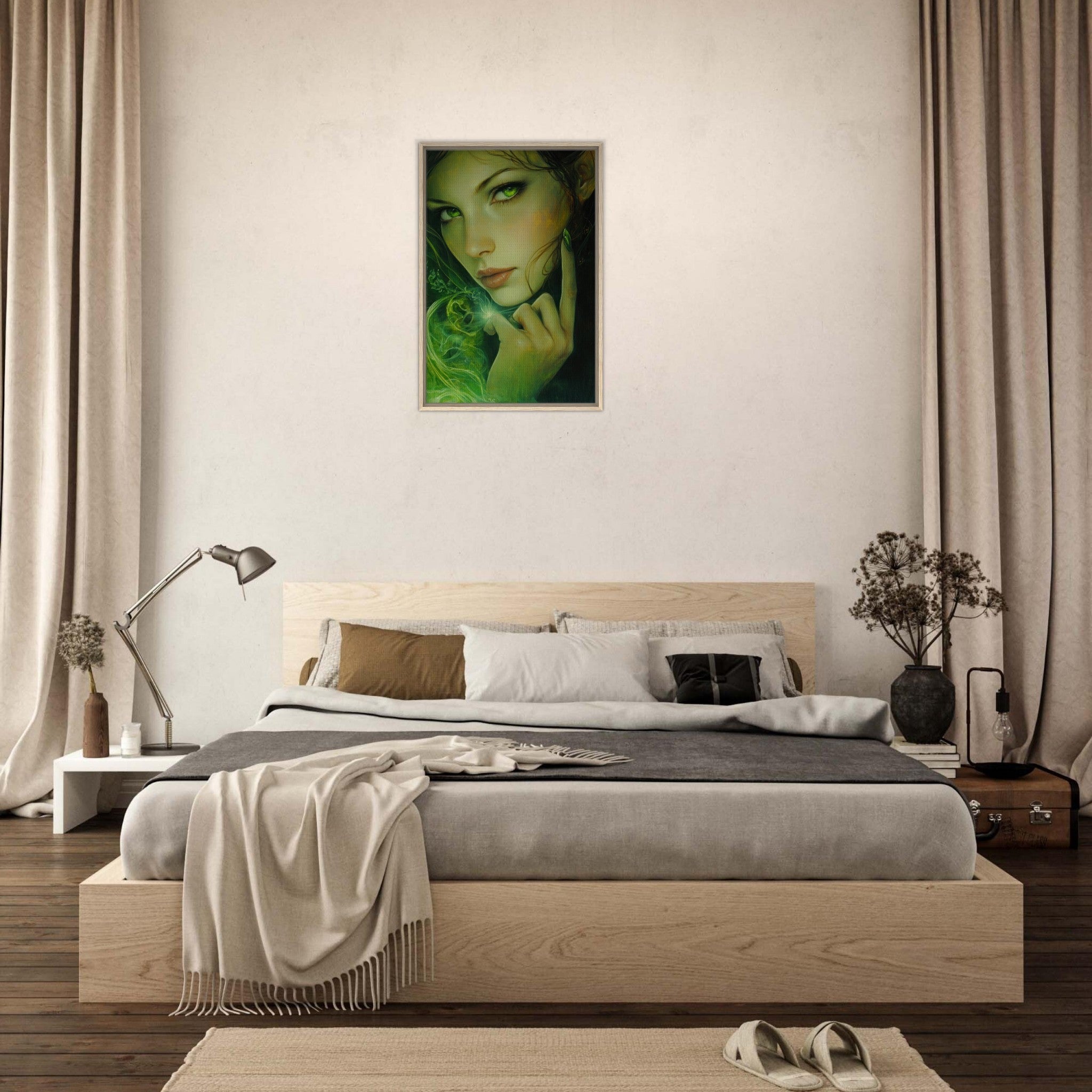 Framed Canvas Portrait - The Fae Sorceress of the Emerald Woods Oil Faint - Shop Ai Art WebShop - Digital Art online Store