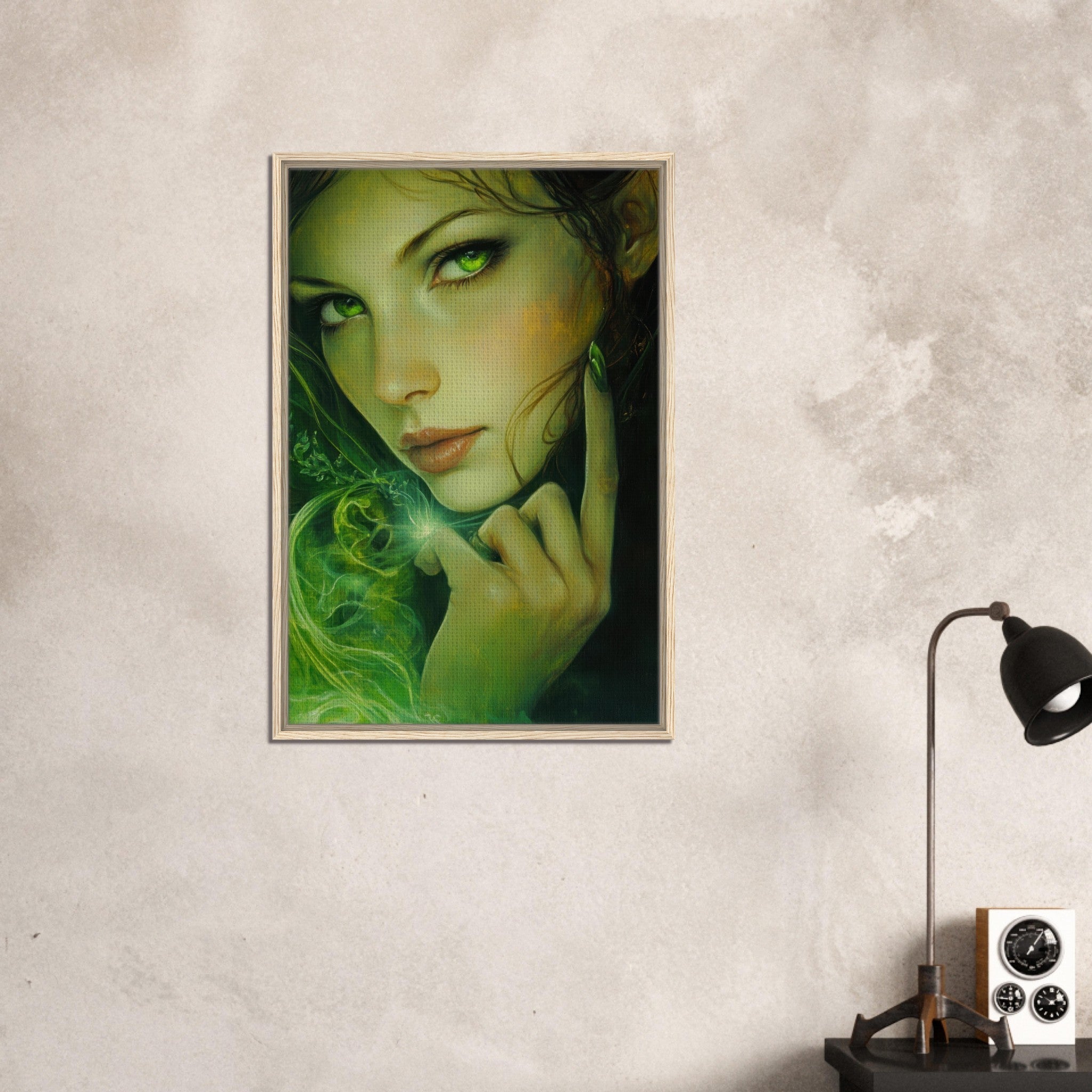 Framed Canvas Portrait - The Fae Sorceress of the Emerald Woods Oil Faint - Shop Ai Art WebShop - Digital Art online Store