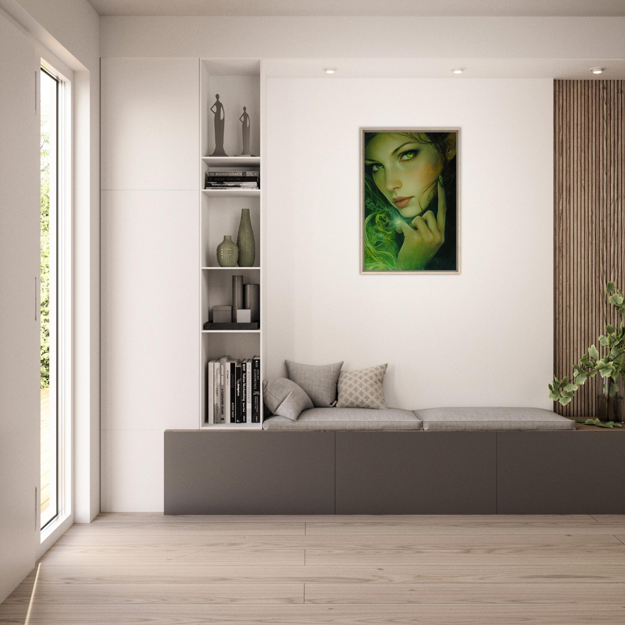 Framed Canvas Portrait - The Fae Sorceress of the Emerald Woods Oil Faint - Shop Ai Art WebShop - Digital Art online Store