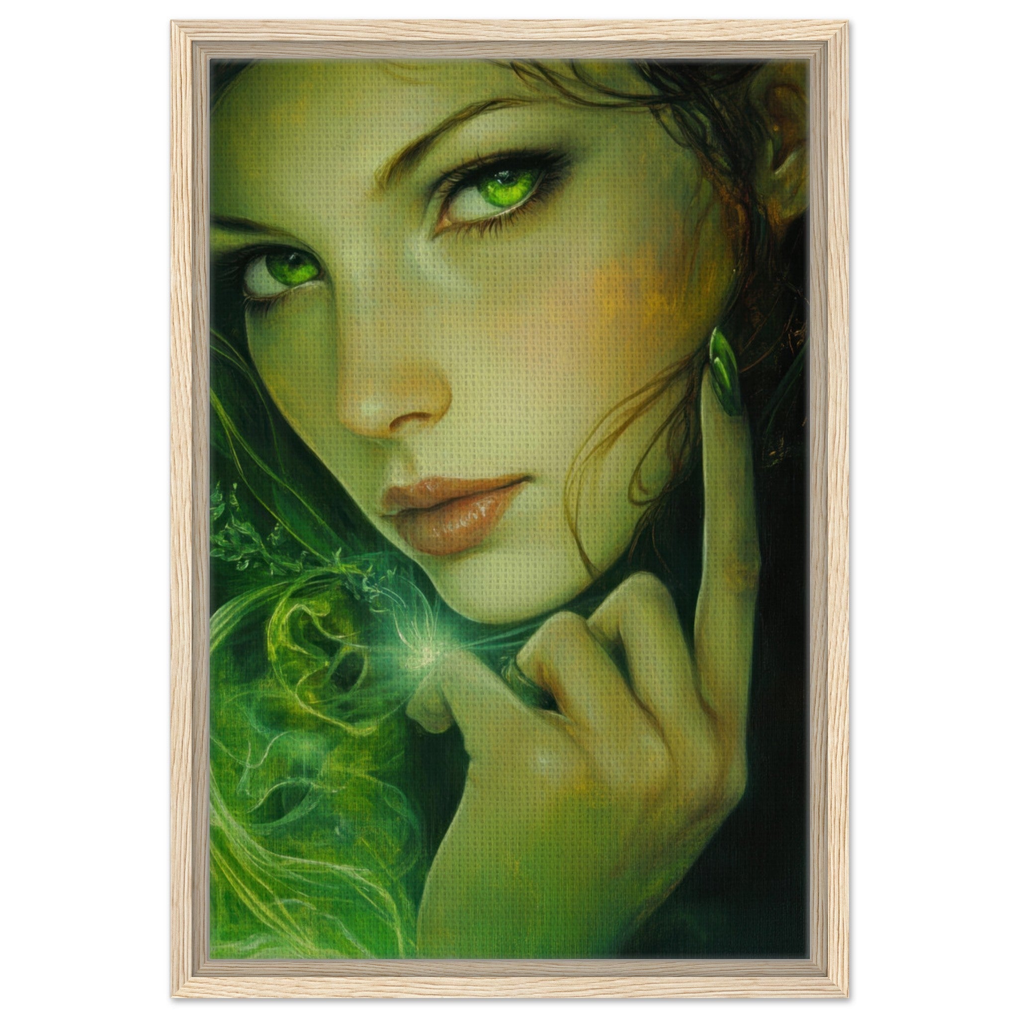Framed Canvas Portrait - The Fae Sorceress of the Emerald Woods Oil Faint - Shop Ai Art WebShop - Digital Art online Store