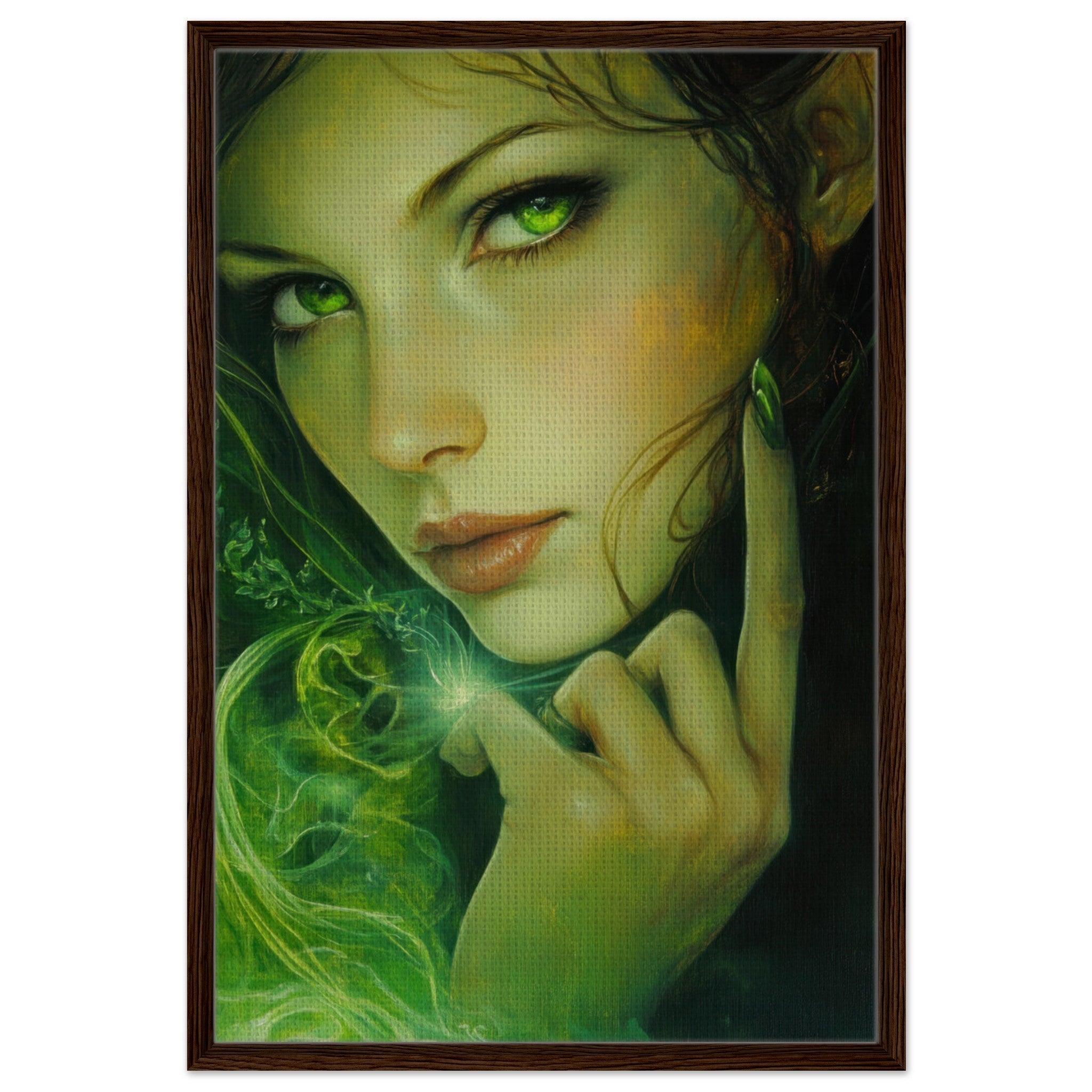 Framed Canvas Portrait - The Fae Sorceress of the Emerald Woods Oil Faint - Shop Ai Art WebShop - Digital Art online Store