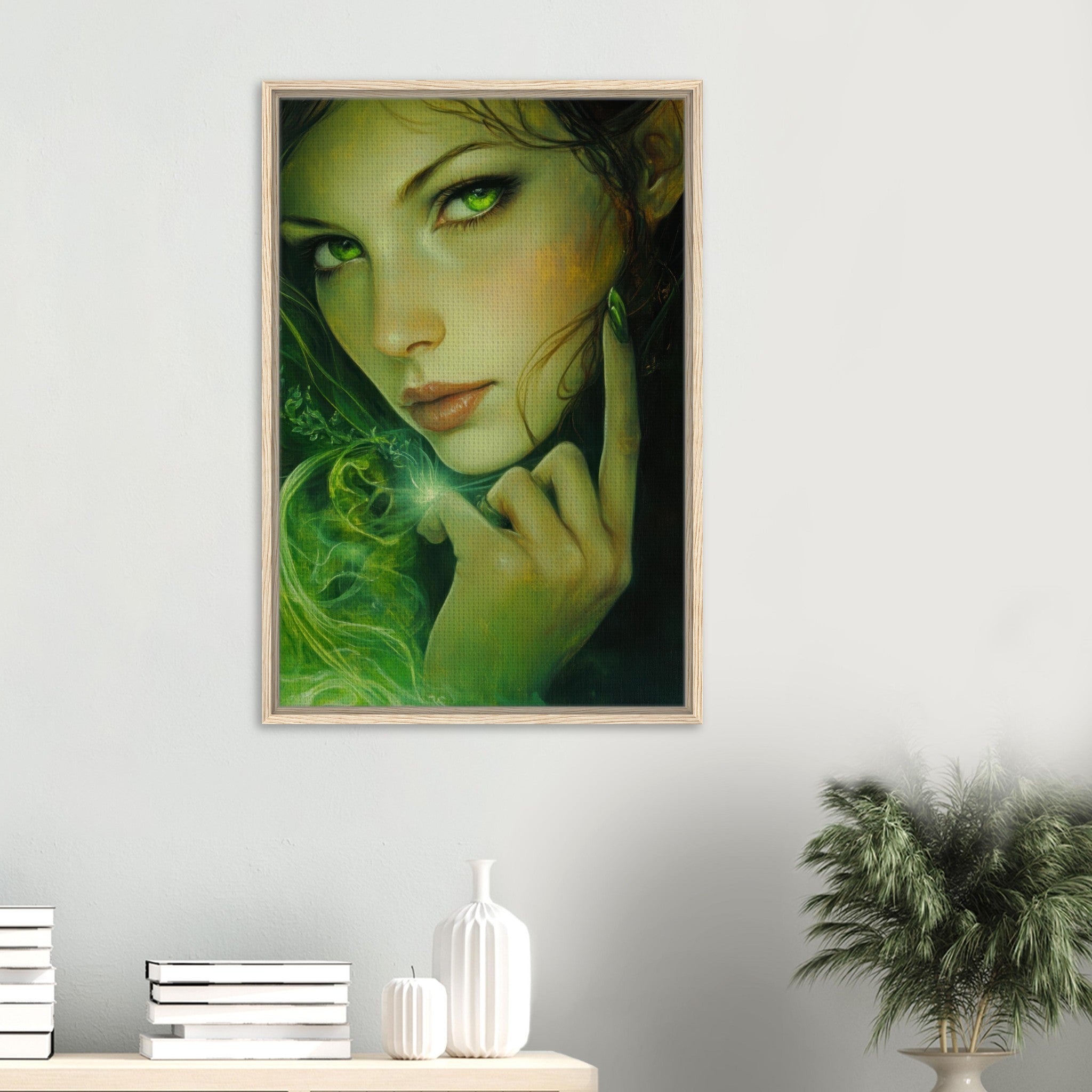 Framed Canvas Portrait - The Fae Sorceress of the Emerald Woods Oil Faint - Shop Ai Art WebShop - Digital Art online Store