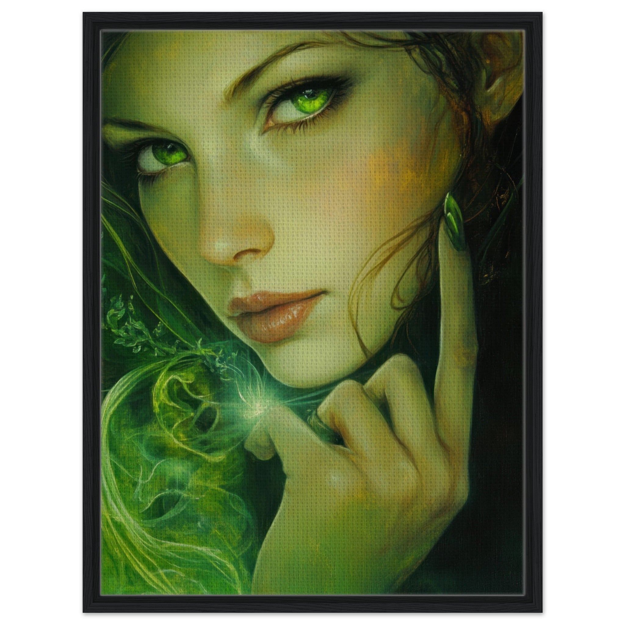 Framed Canvas Portrait - The Fae Sorceress of the Emerald Woods Oil Faint - Shop Ai Art WebShop - Digital Art online Store