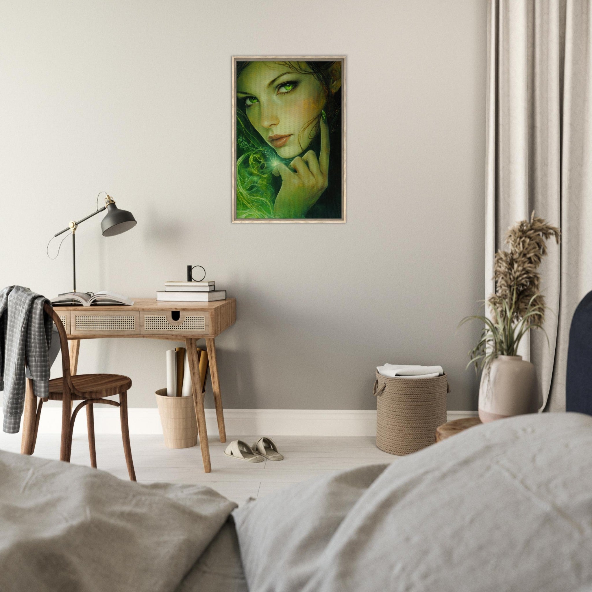 Framed Canvas Portrait - The Fae Sorceress of the Emerald Woods Oil Faint - Shop Ai Art WebShop - Digital Art online Store