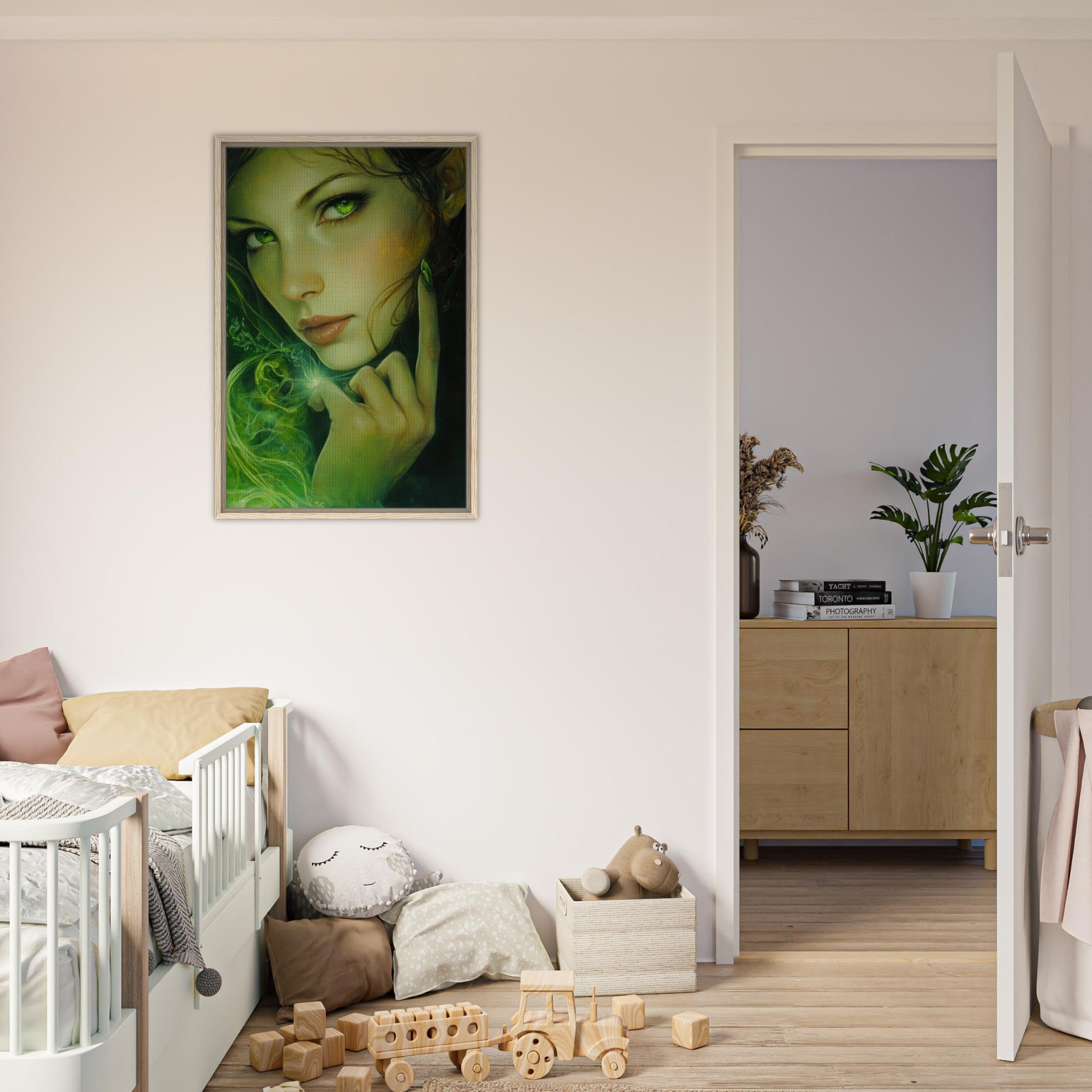 Framed Canvas Portrait - The Fae Sorceress of the Emerald Woods Oil Faint - Shop Ai Art WebShop - Digital Art online Store