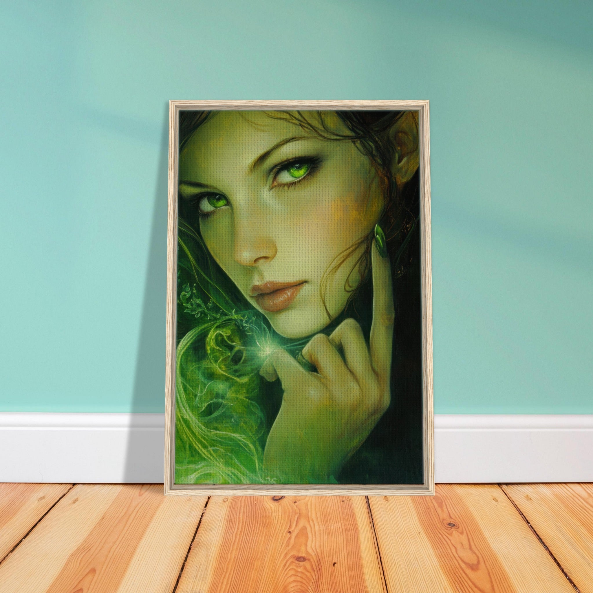 Framed Canvas Portrait - The Fae Sorceress of the Emerald Woods Oil Faint - Shop Ai Art WebShop - Digital Art online Store