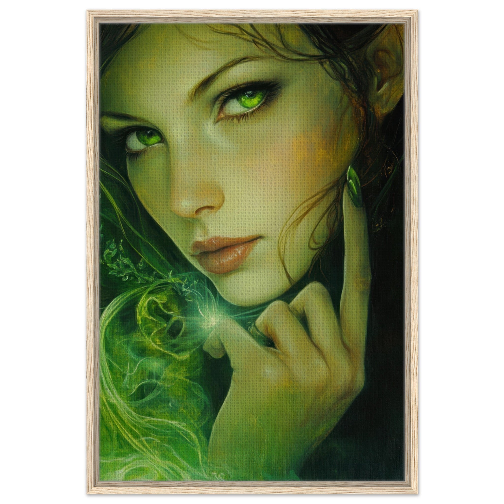 Framed Canvas Portrait - The Fae Sorceress of the Emerald Woods Oil Faint - Shop Ai Art WebShop - Digital Art online Store