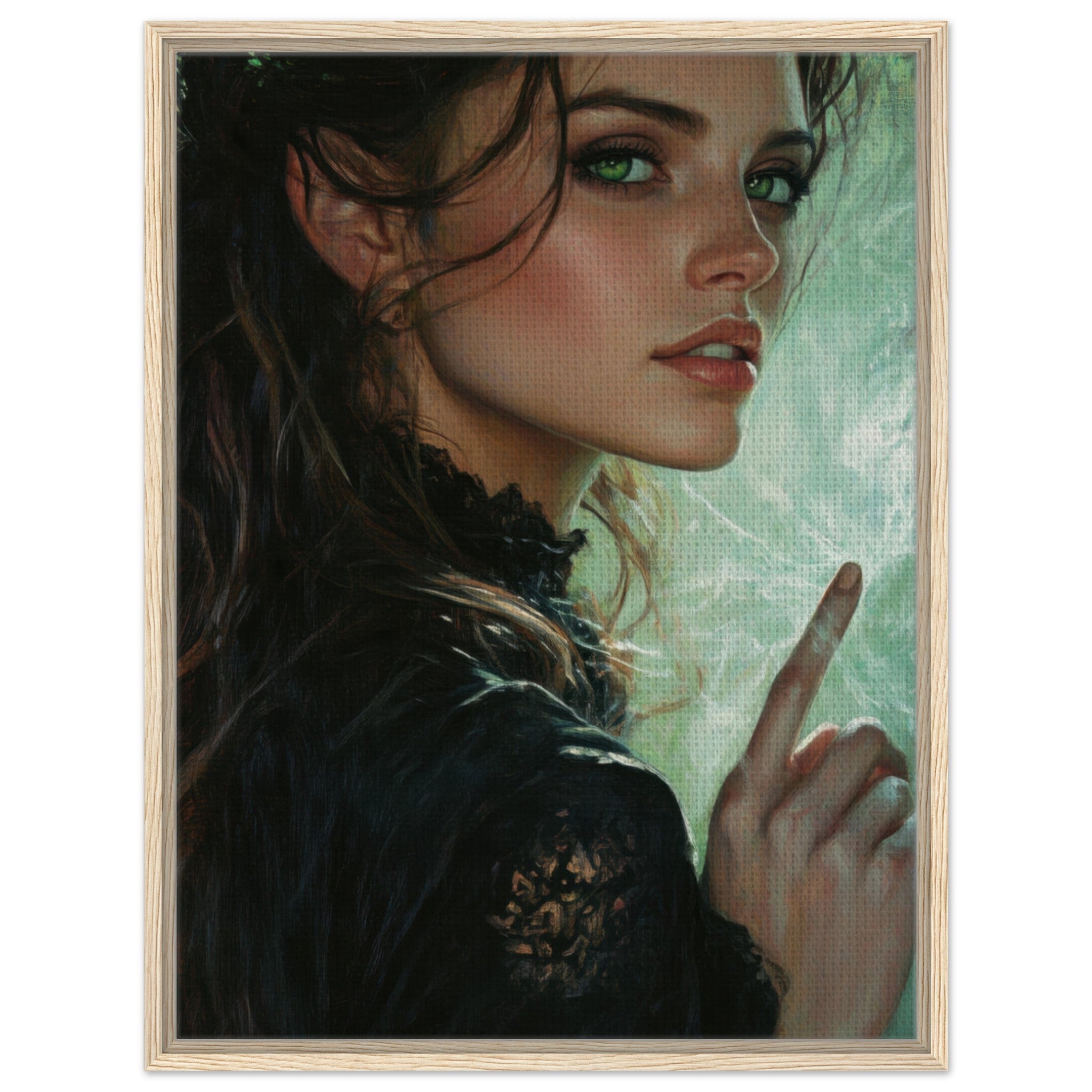 Framed Canvas Portrait - The Fae Sorceress of the Emerald Woods Oil Faint 6 - Shop Ai Art WebShop - Digital Art online Store