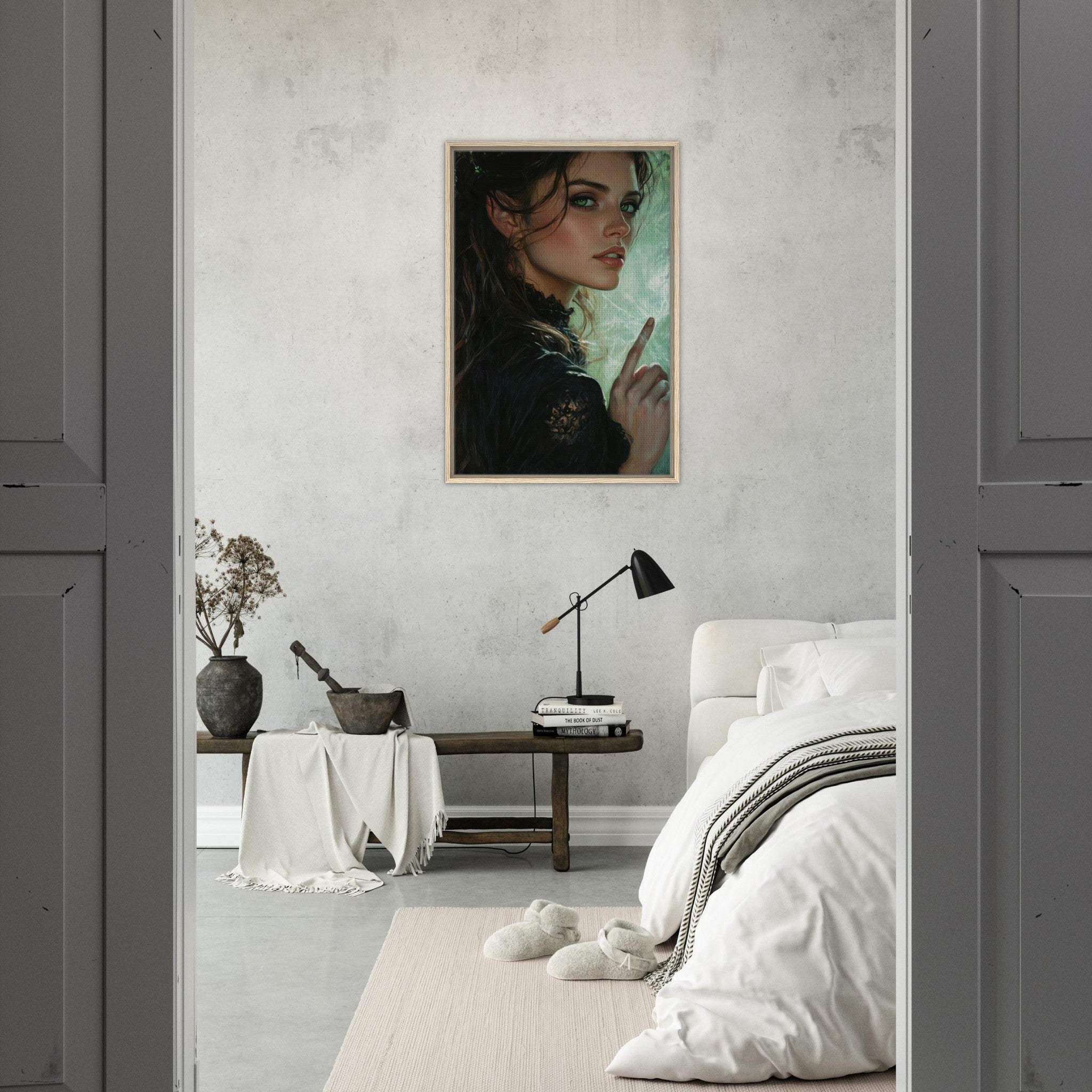 Framed Canvas Portrait - The Fae Sorceress of the Emerald Woods Oil Faint 6 - Shop Ai Art WebShop - Digital Art online Store