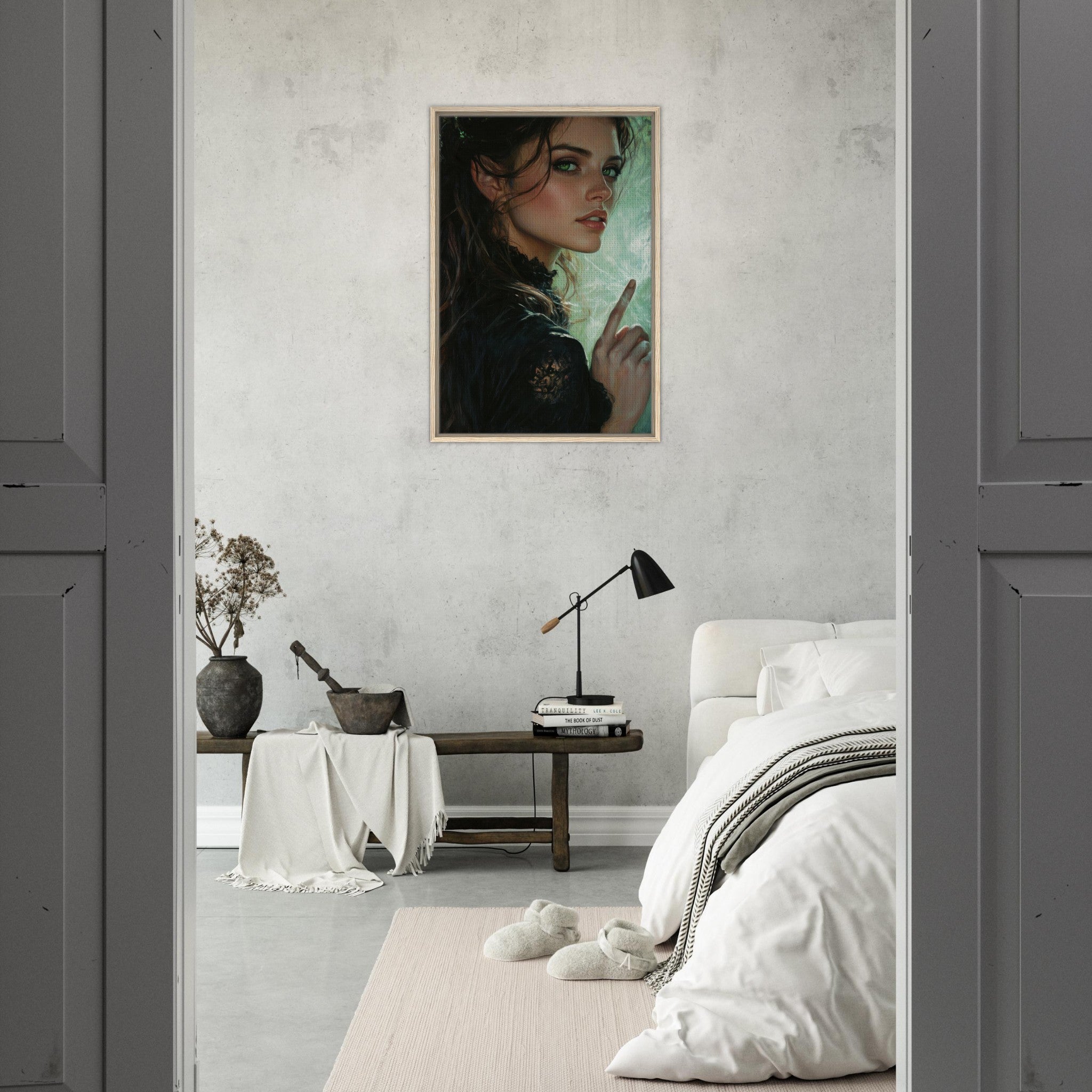 Framed Canvas Portrait - The Fae Sorceress of the Emerald Woods Oil Faint 6 - Shop Ai Art WebShop - Digital Art online Store