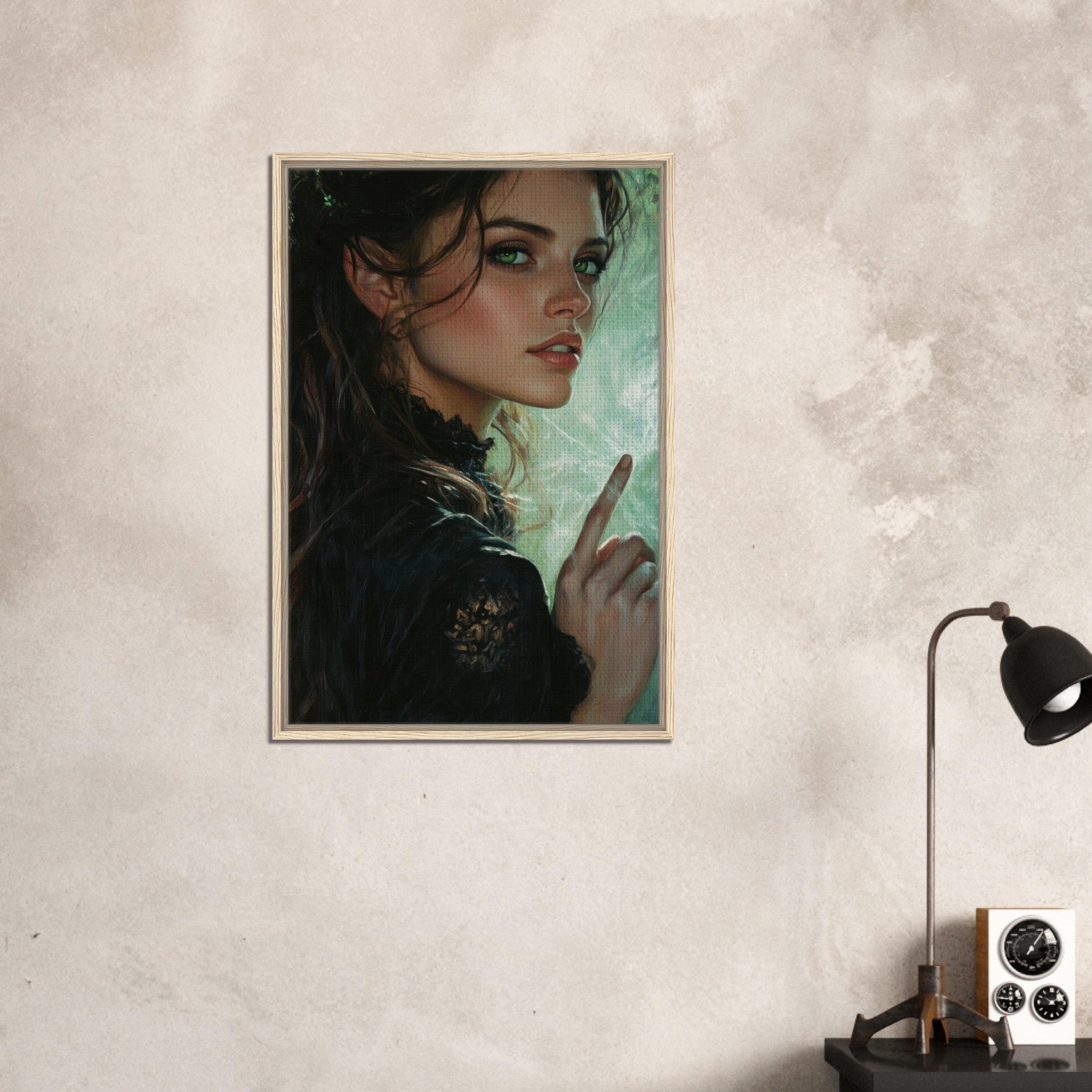 Framed Canvas Portrait - The Fae Sorceress of the Emerald Woods Oil Faint 6 - Shop Ai Art WebShop - Digital Art online Store