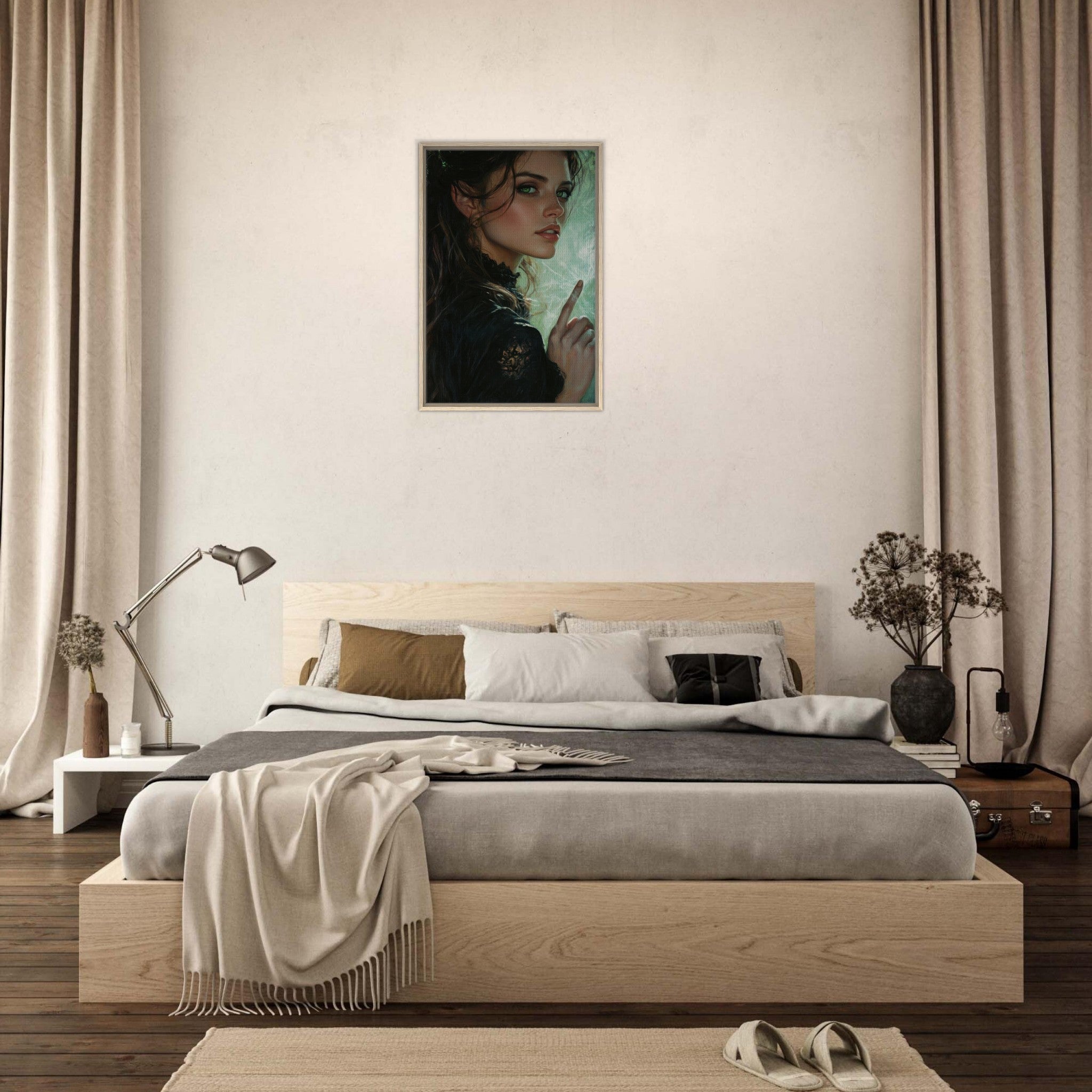Framed Canvas Portrait - The Fae Sorceress of the Emerald Woods Oil Faint 6 - Shop Ai Art WebShop - Digital Art online Store