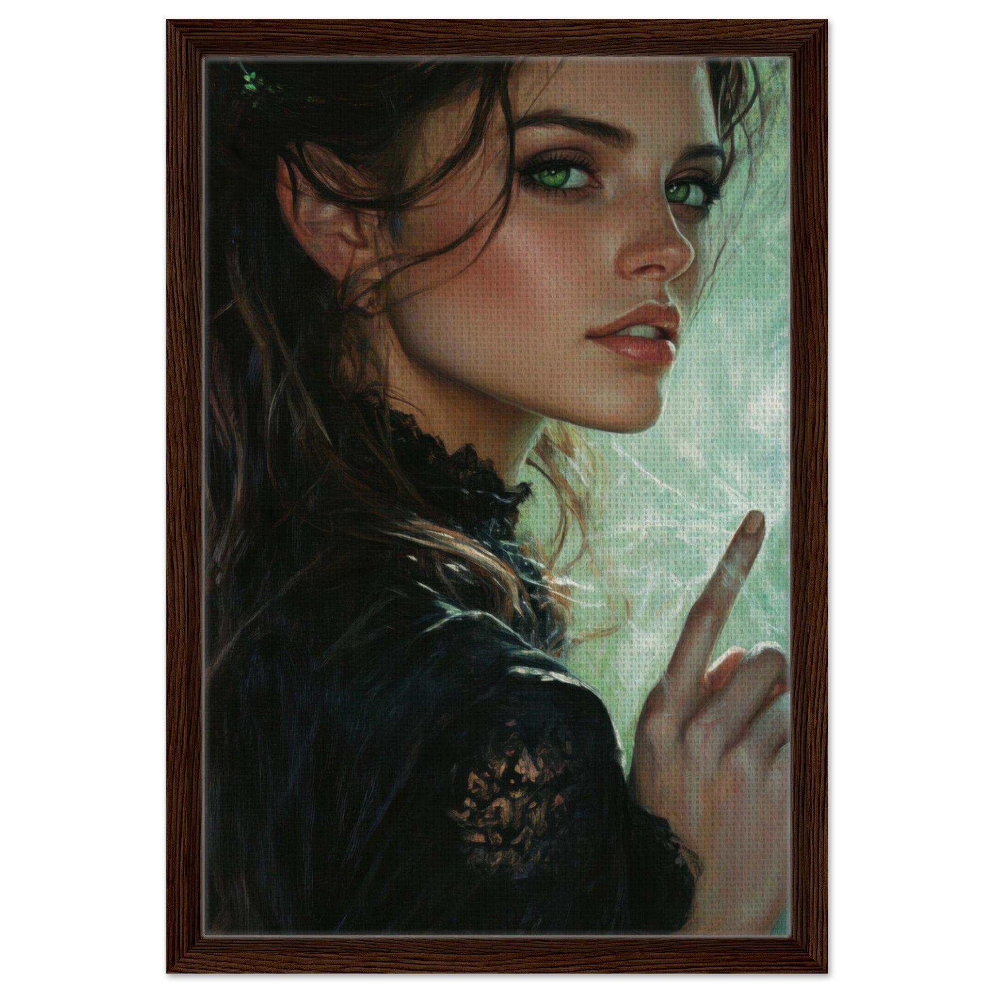 Framed Canvas Portrait - The Fae Sorceress of the Emerald Woods Oil Faint 6 - Shop Ai Art WebShop - Digital Art online Store