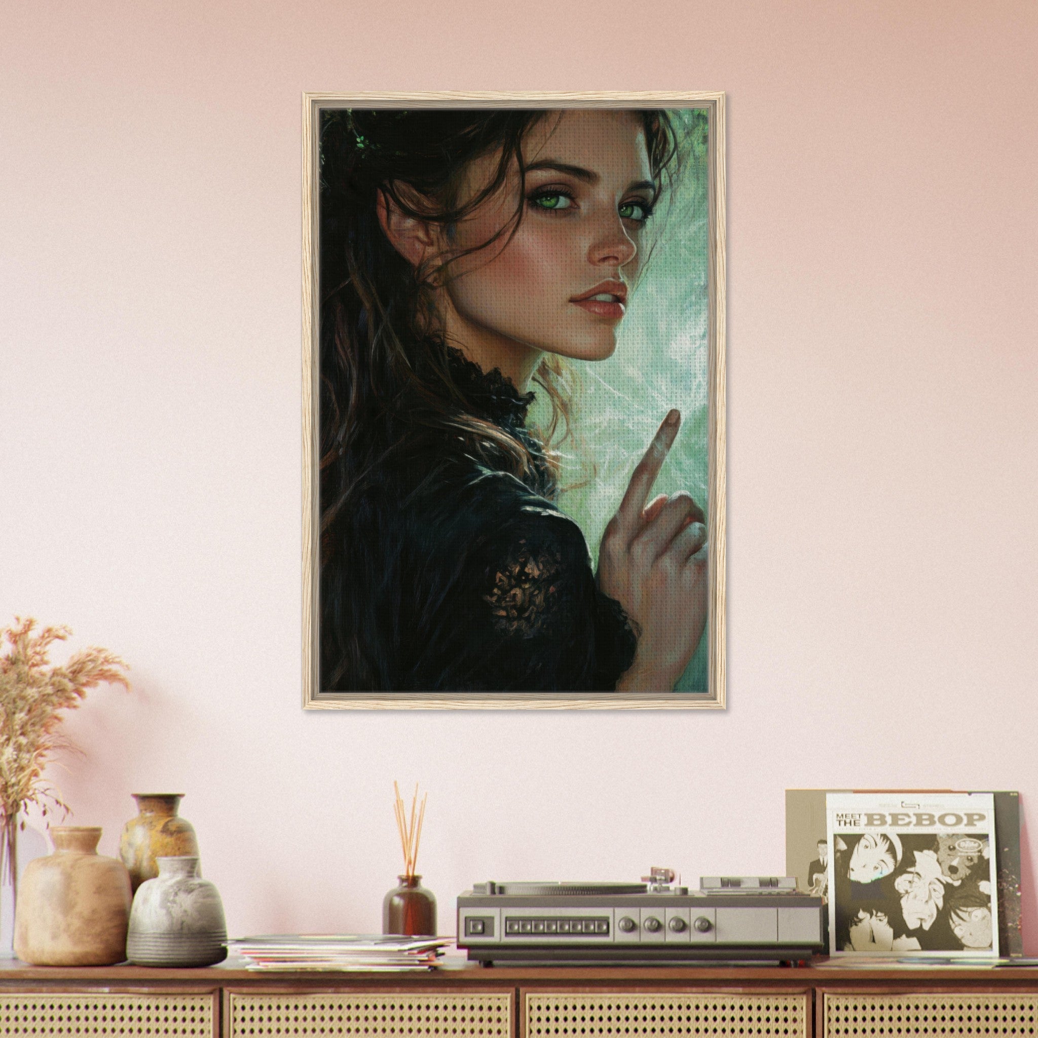 Framed Canvas Portrait - The Fae Sorceress of the Emerald Woods Oil Faint 6 - Shop Ai Art WebShop - Digital Art online Store