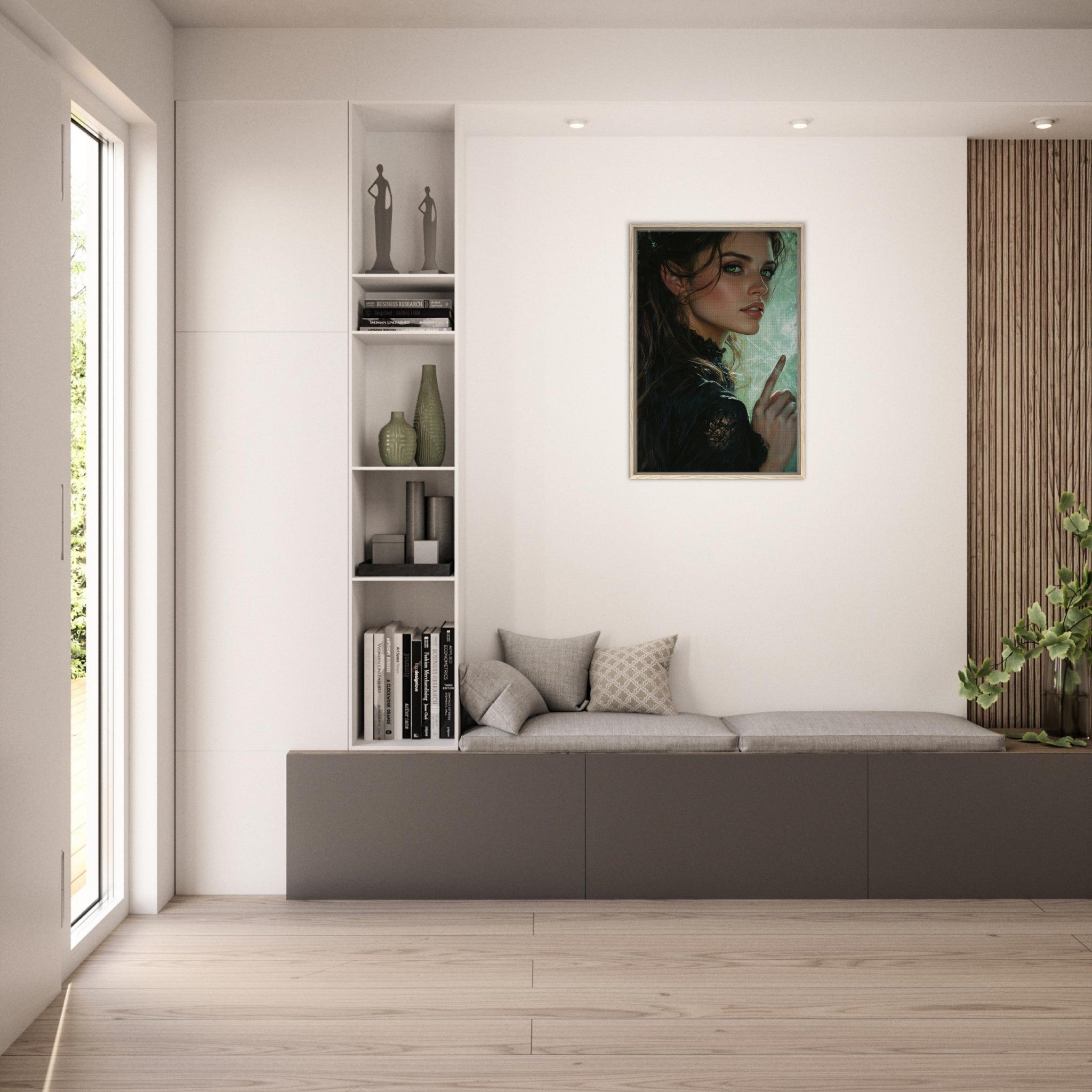 Framed Canvas Portrait - The Fae Sorceress of the Emerald Woods Oil Faint 6 - Shop Ai Art WebShop - Digital Art online Store