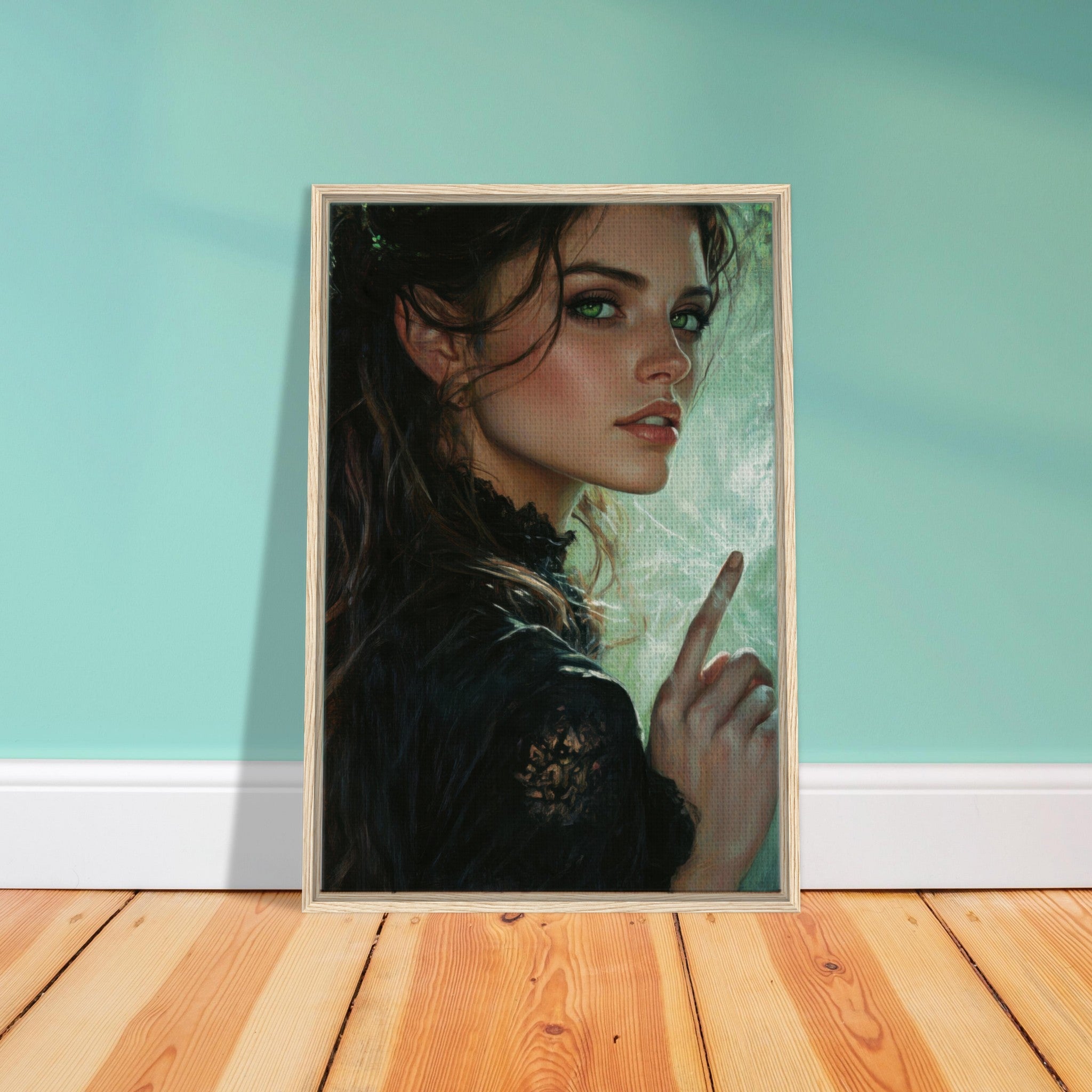 Framed Canvas Portrait - The Fae Sorceress of the Emerald Woods Oil Faint 6 - Shop Ai Art WebShop - Digital Art online Store