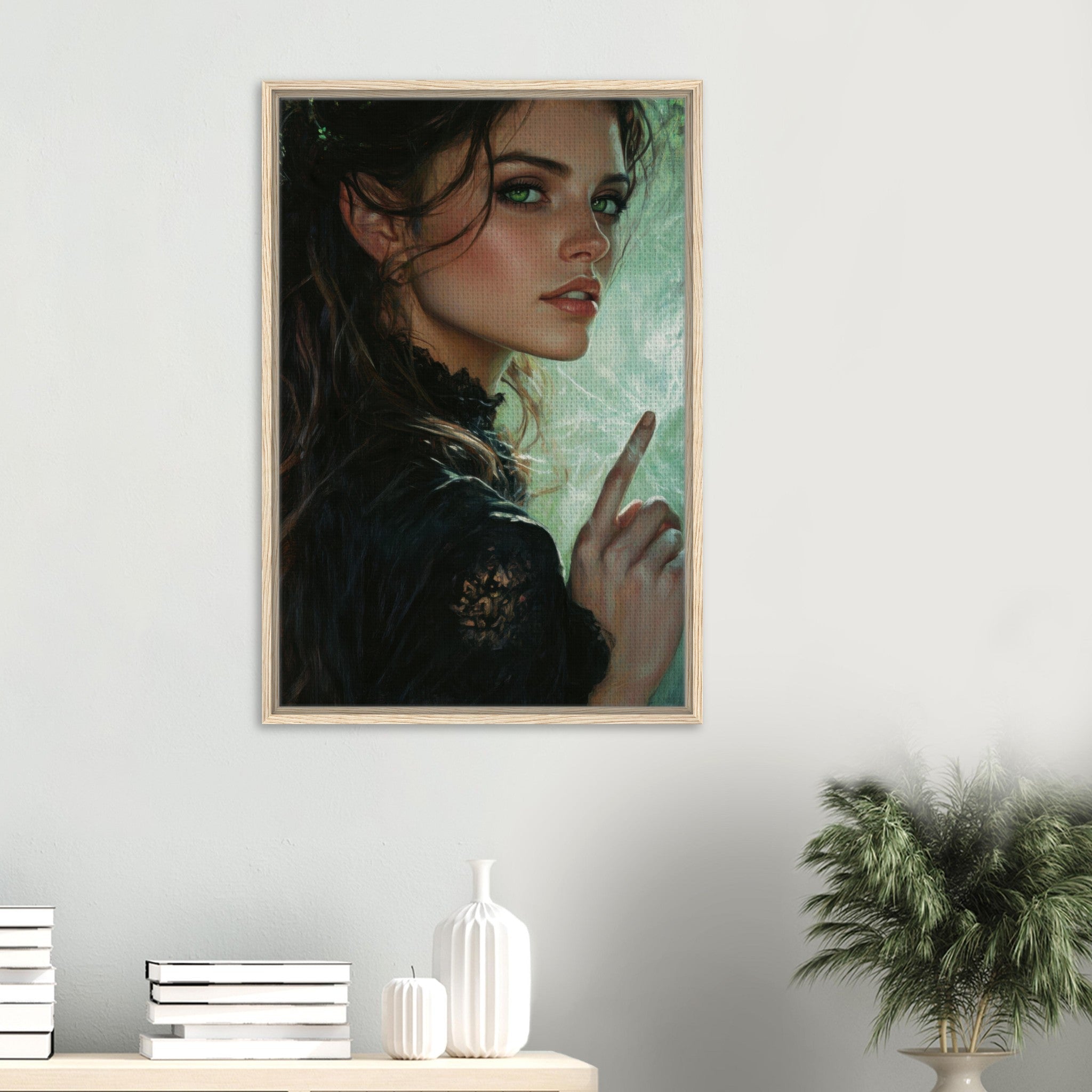 Framed Canvas Portrait - The Fae Sorceress of the Emerald Woods Oil Faint 6 - Shop Ai Art WebShop - Digital Art online Store