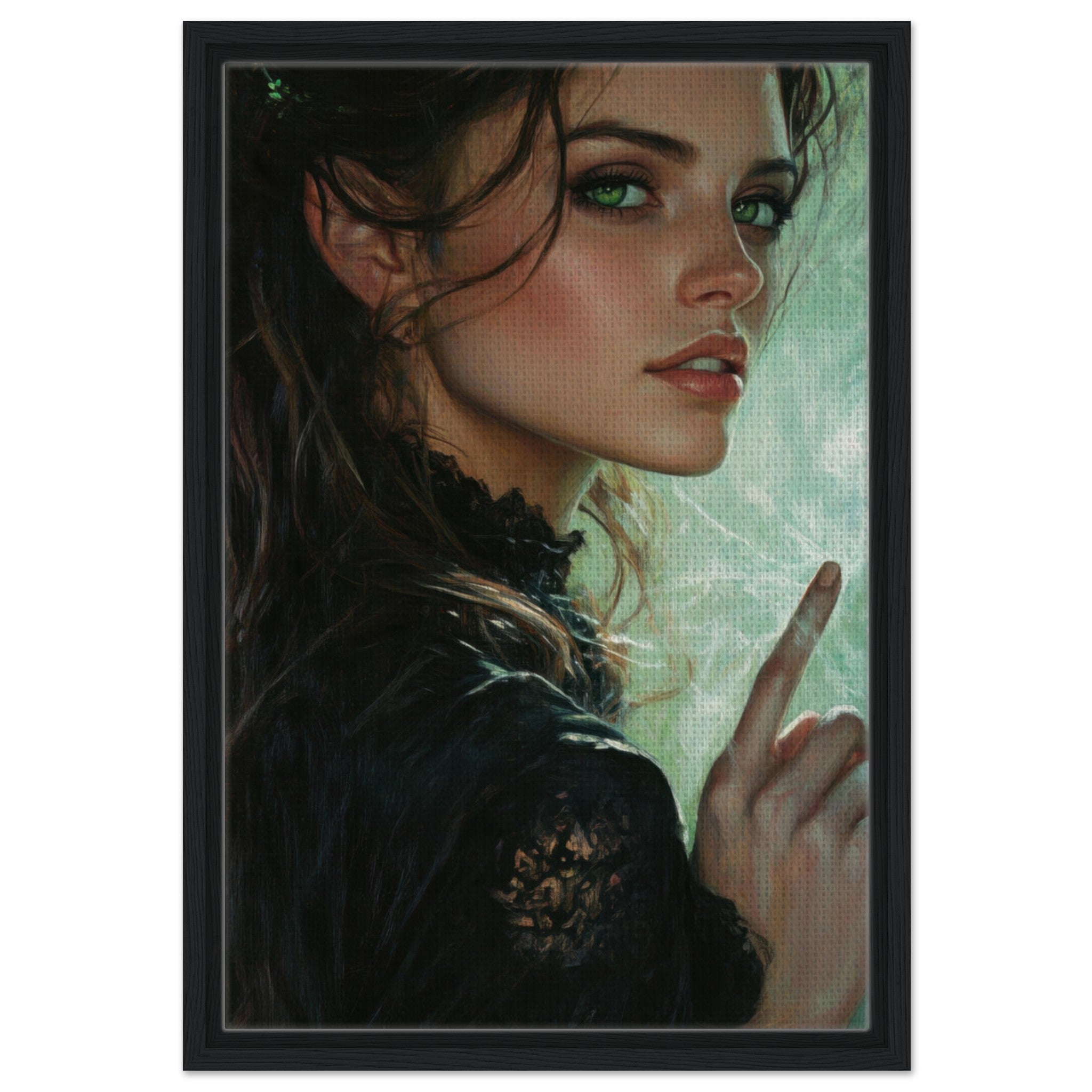 Framed Canvas Portrait - The Fae Sorceress of the Emerald Woods Oil Faint 6 - Shop Ai Art WebShop - Digital Art online Store
