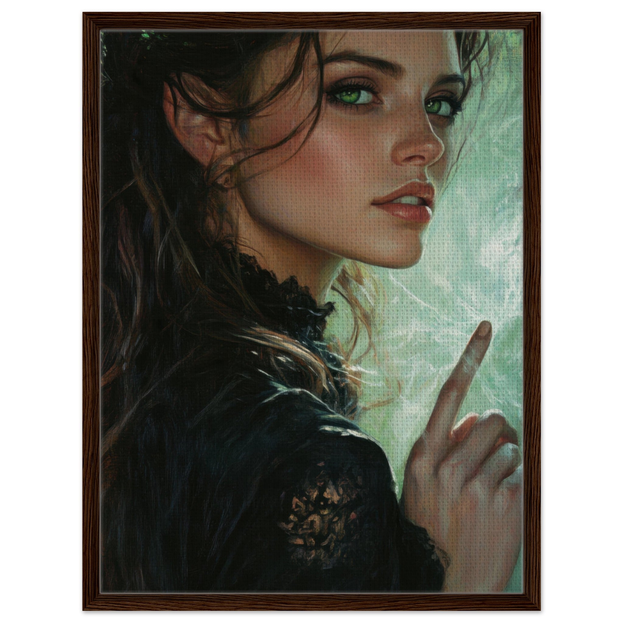 Framed Canvas Portrait - The Fae Sorceress of the Emerald Woods Oil Faint 6 - Shop Ai Art WebShop - Digital Art online Store