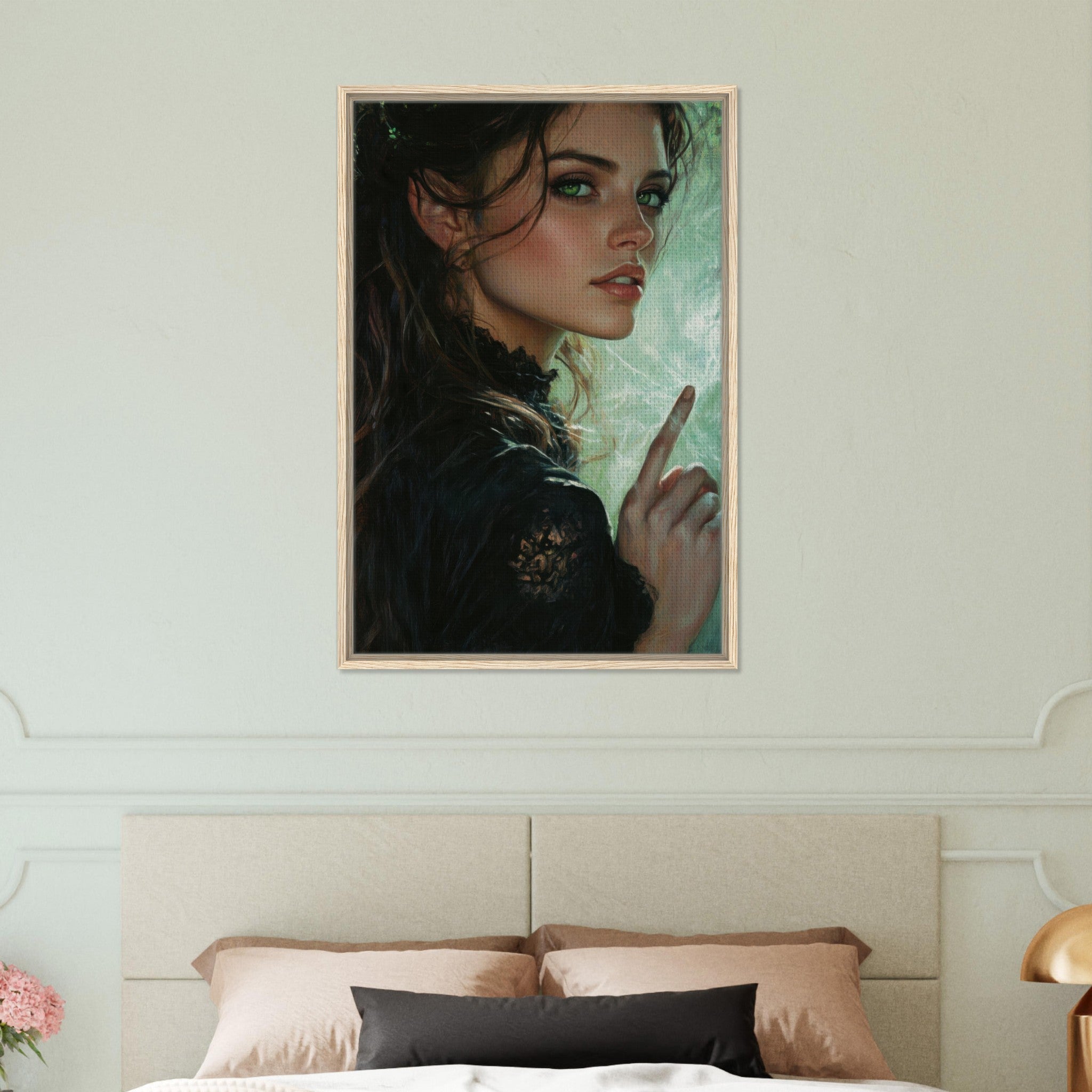 Framed Canvas Portrait - The Fae Sorceress of the Emerald Woods Oil Faint 6 - Shop Ai Art WebShop - Digital Art online Store